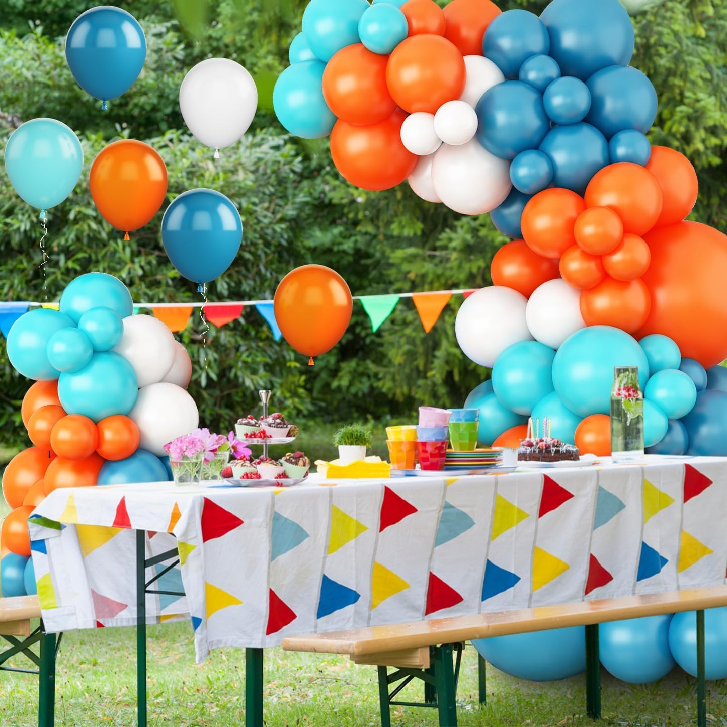 GRESATEK Orange-Blue-White Balloon Arch Garland Kit, Teal Blue Peacock White Latex Balloons, Blue & Orange White Party Balloons for Birthday, Wedding, Baby Shower, Party Supplies