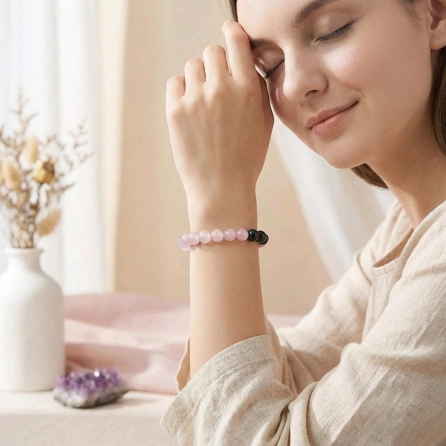 Bivei Anxiety Relief Bracelet, Strength Crystal Healing Bracelet 8MM with Amethyst & Rose Quartz & Black Tourmaline - Spiritual Stretch Beaded Jewelry for Women Men Gift