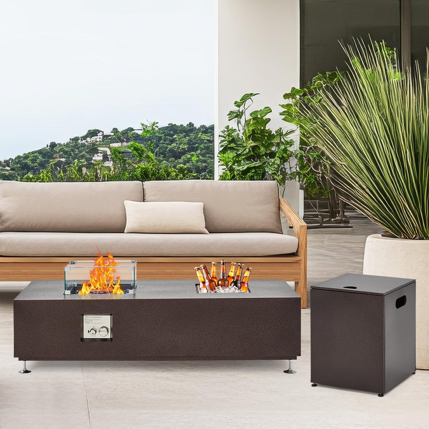 56 in Propane Fire Pit Table with Ice Bucket,50000BTU Fire Table with 13 in Square Drink Ice Bucket Wind Guard, Fire Glass Beads & CSA Safety Certified Outdoor Firepit for Patio Garden