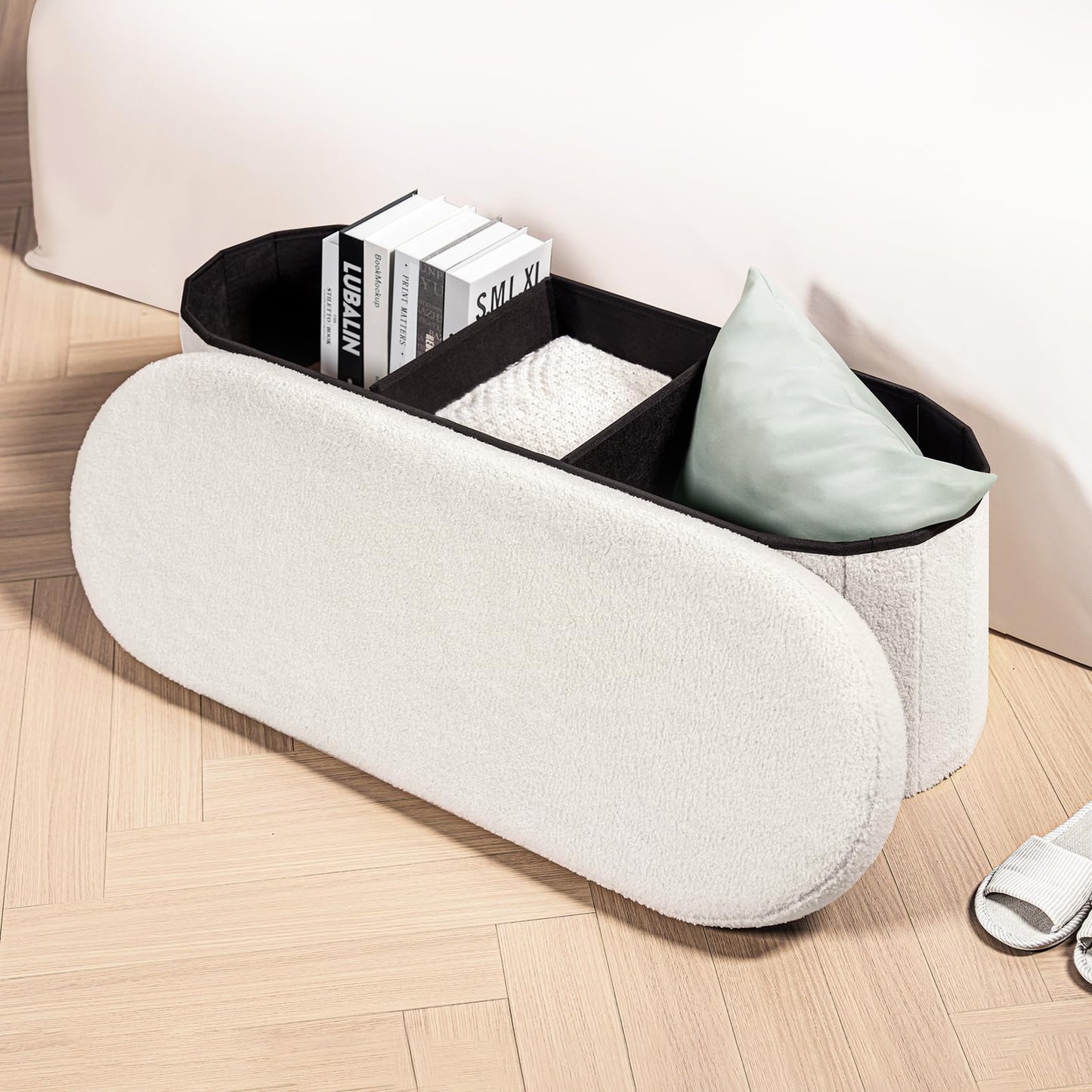 B FSOBEIIALEO Ottoman with Storage for Living Room, Sherpa Folding Storage Ottoman Foot Rest, 43.3 Inches Collapsible Bedroom Bench White