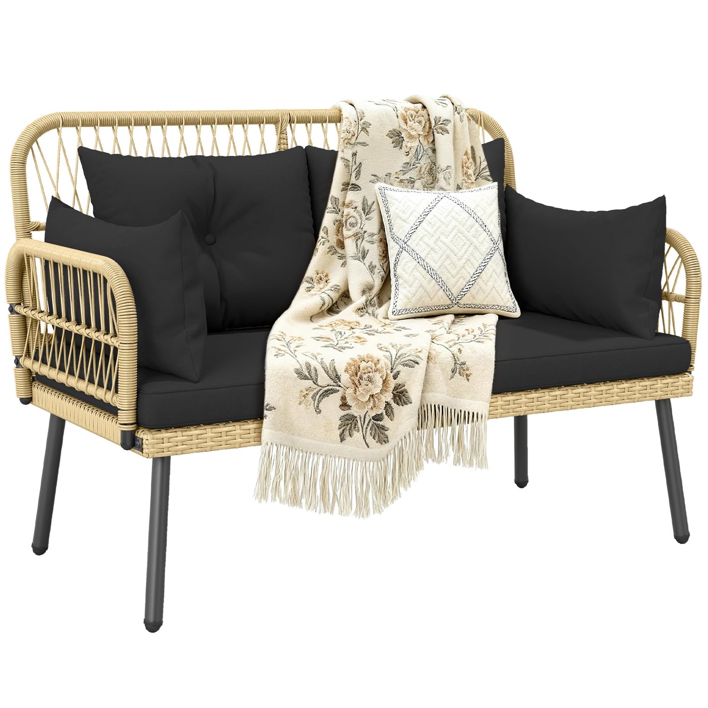 YITAHOME Patio Furniture Wicker Outdoor Loveseat, All-Weather Rattan Conversation for Backyard, Balcony and Deck with Soft Cushions (Light Brown+Black)
