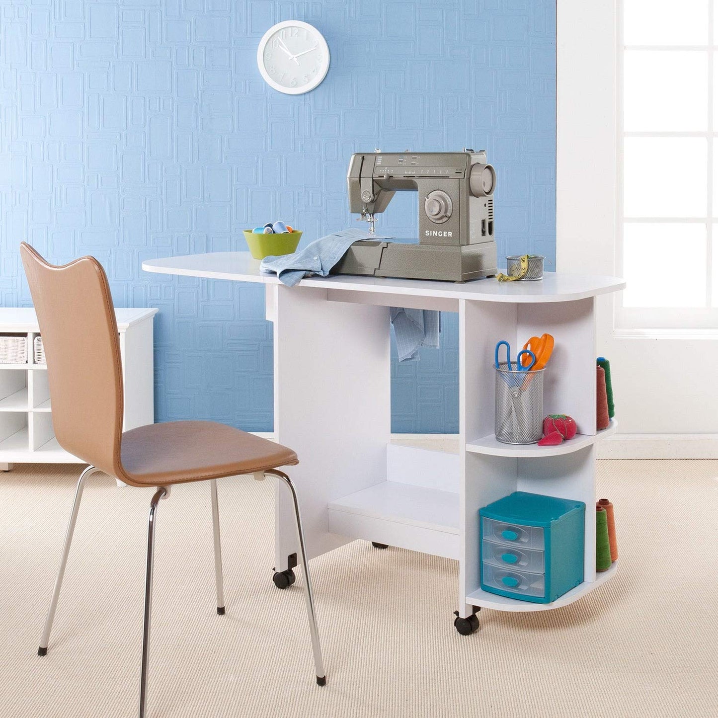White Folding Sewing Machine Table MDF Extendable Portable Rolling