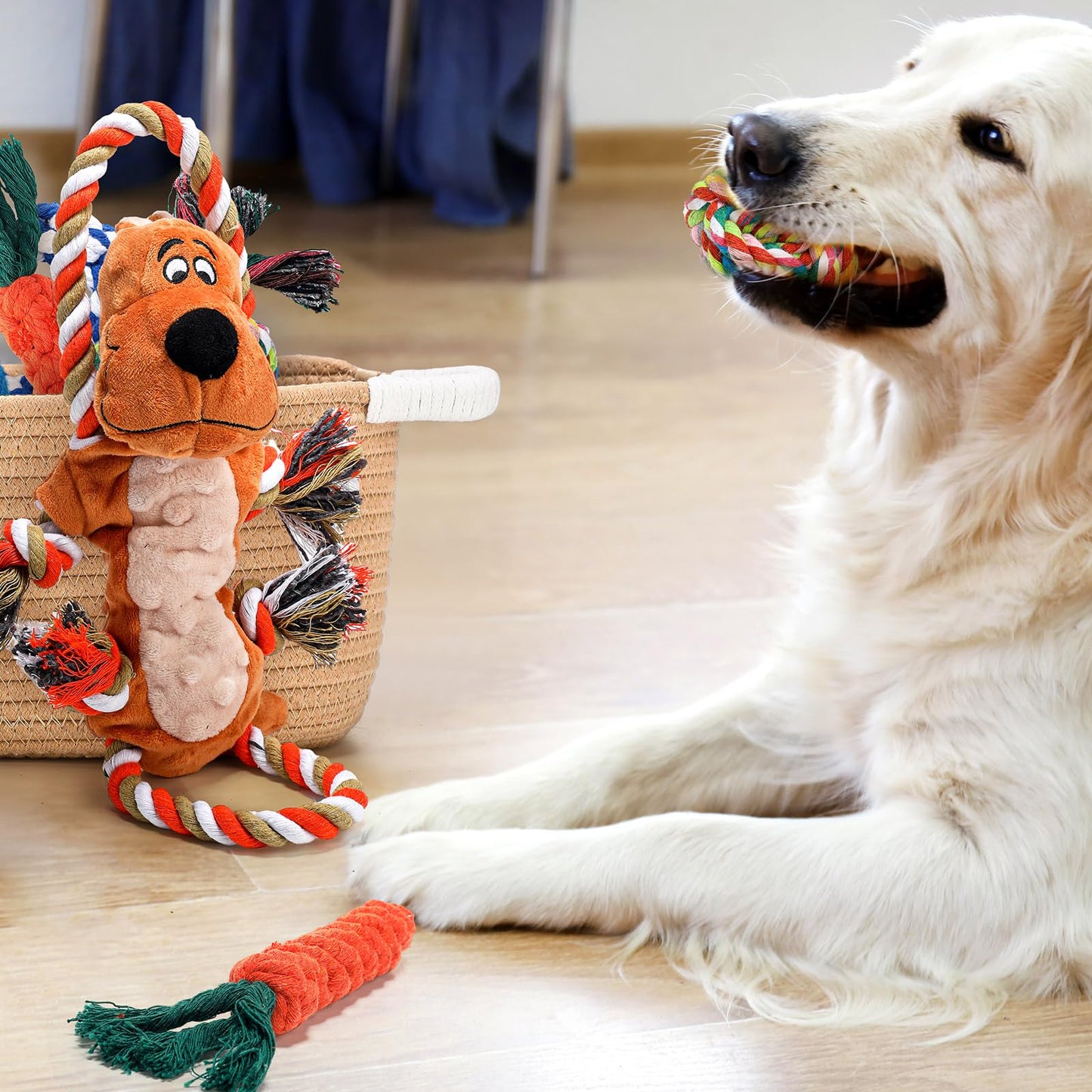 Abbylike New Puppy Gift Basket Puppy Starter Kit Dog Gift Storage Basket with Dog Toys Set Chew Toys Teething Interactive Squeaky Plush for Doggie Birthday Gifts and Pet Necessities