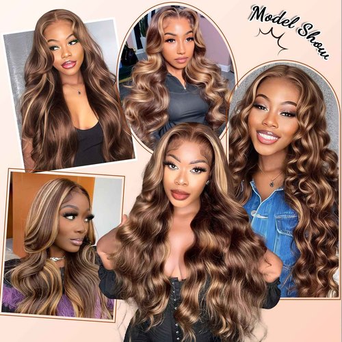 Hepnok Honey Blonde Highlight Wig Human Hair Ombre Body Wave 13x6 HD Lace Front Wigs Human Hair Pre Plucked 200% Density P4/27 Brown Highlight Colored Lace Frontal Glueless Wigs for Women 20 Inch