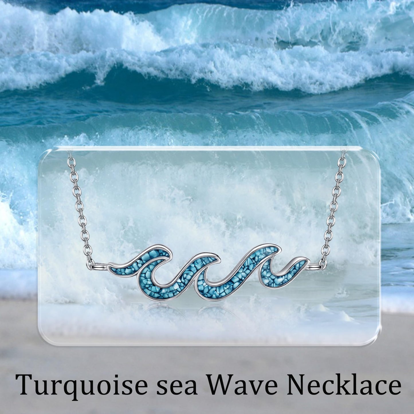 HKPATOP Wave Necklace 925 Sterling Silver Turquoise Wave Pendant Necklace Ocean Jewelry Gifts for Women