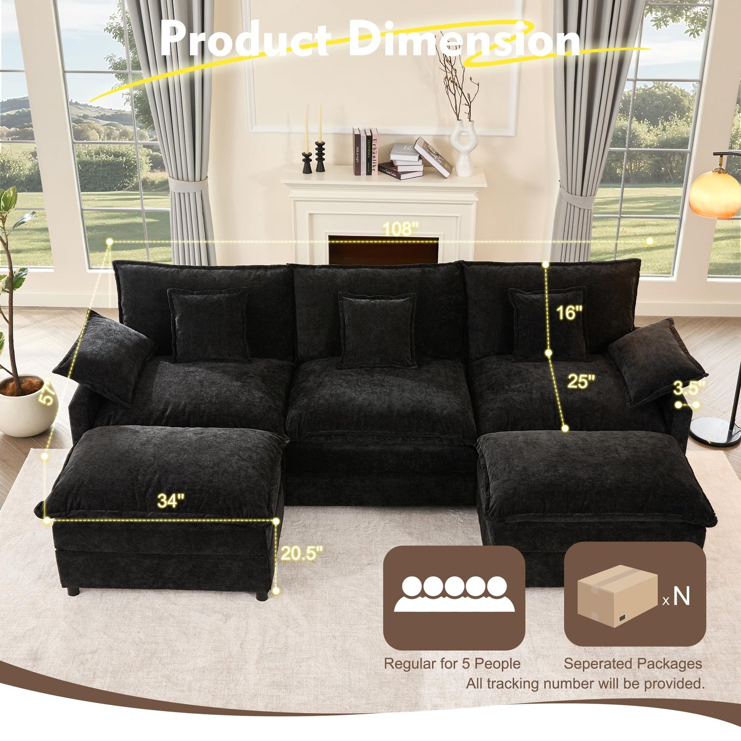 GOSUHI 108" U Shaped Couch, Modular Sectional Sofa, 3-Seater Comfy Cloud Couch, Set of Modular Pieces with Movable Ottoman, Deep Seat Couches for Living Room, Chenille, Black