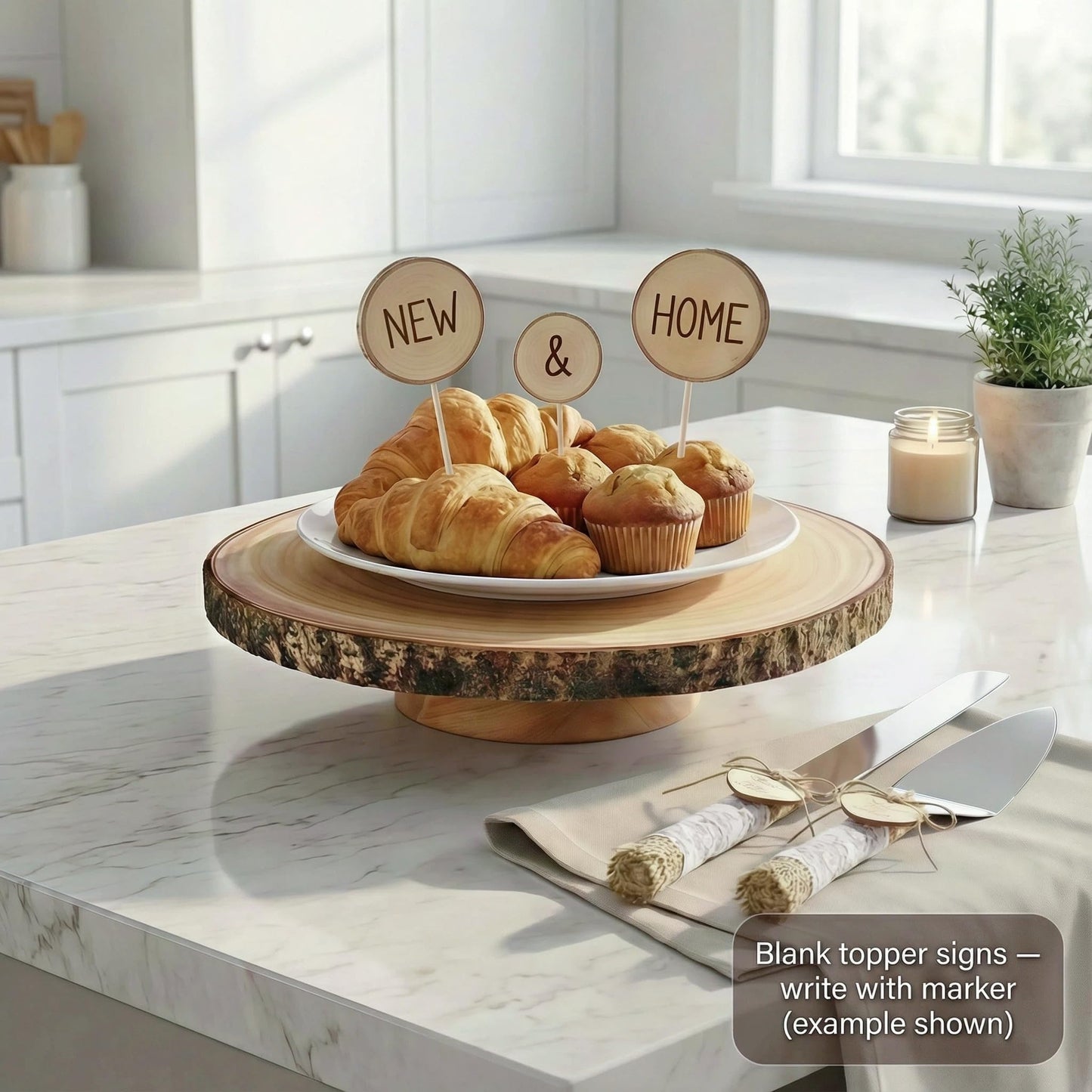 Relaxing Garden Customizable 12 Inch Rustic Wood Cake Stand Set with Bark Edge, Cake Knife & Server + Blank Wood Slice Topper โ Cake Display for Weddings, Birthdays, Showers & Holiday Celebrations