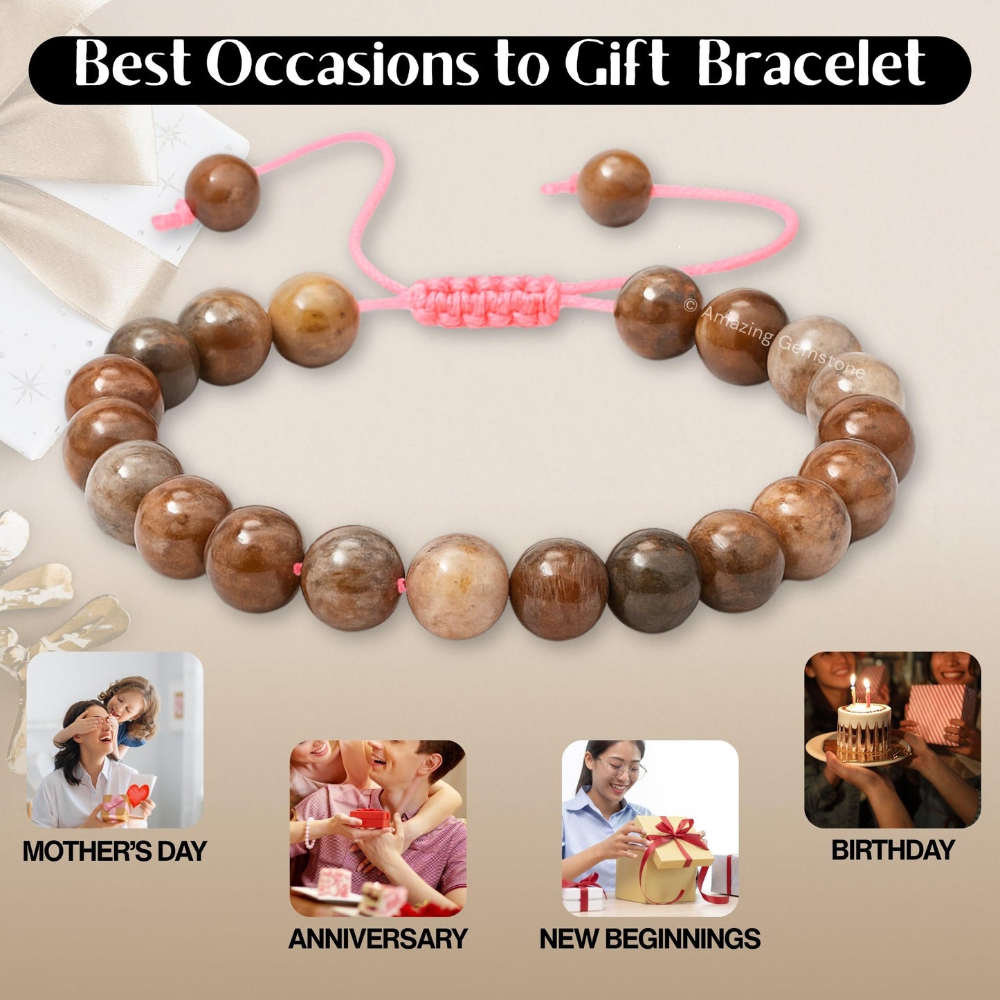 Amazing Gemstone Original Sunstone Bracelet for Women Men's Gifts - Protection Healing Crystal Bracelet - 8mm Beaded Adjustable Bracelet Pulseras Para Hombres Mujer Stocking Stuffers