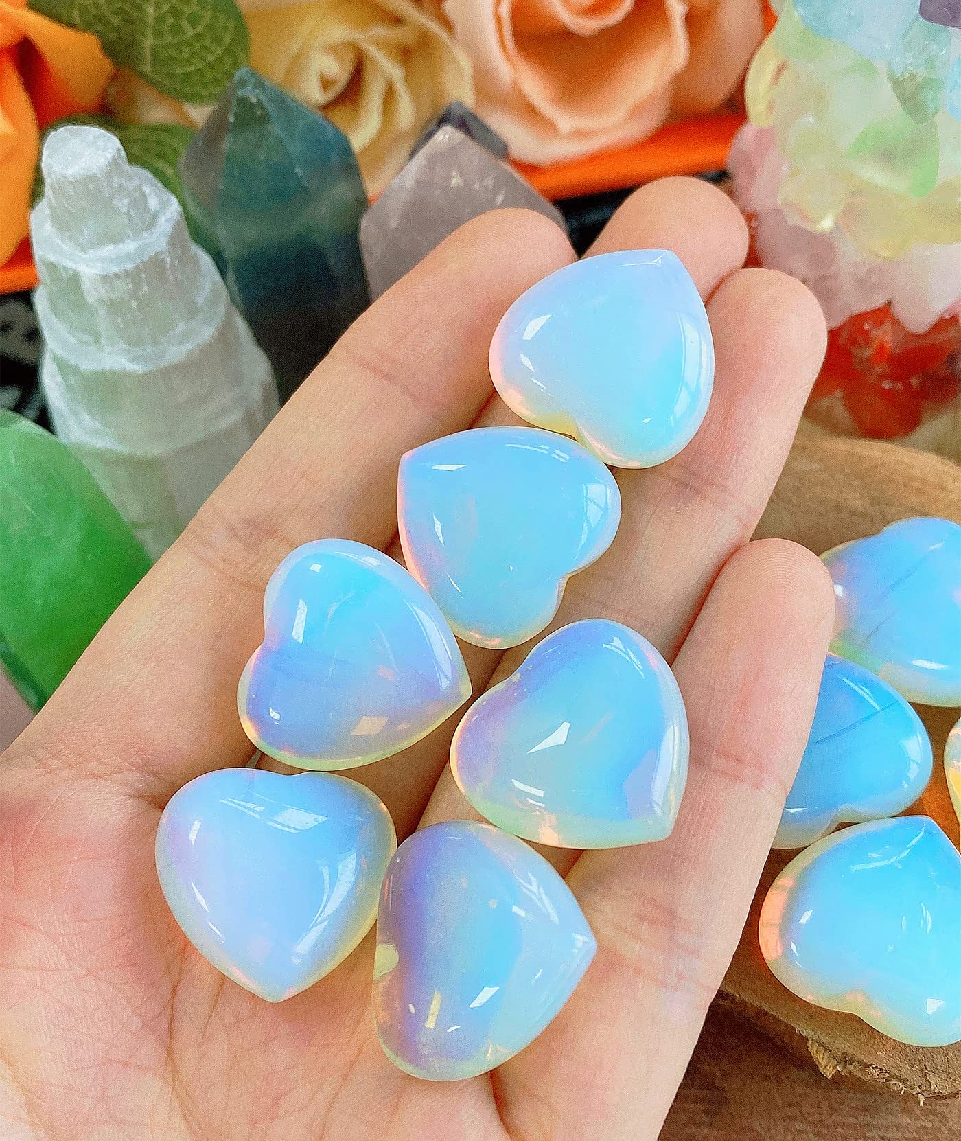 10 PCS Opalite Heart Crystals Thicken Stones Love Heart Shaped Healing Crystal Natural Stone Palm Moonstone Gemstones Set Reiki Energy Balancing Carved Palm Worry Stone Meditation Gift Stocking Stuffers for Women