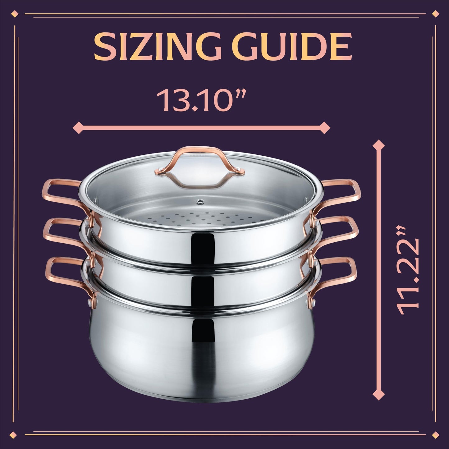 CONCORD Premium Stainless Steel 3 Tier Steamer w/Rose Gold Handles 30 cm