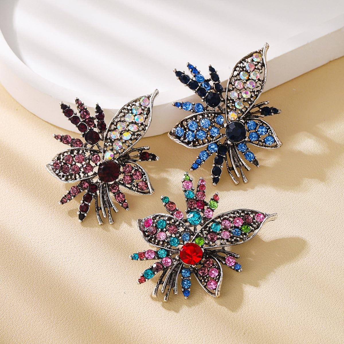 Rhinestone Sunflower Brooch Pin for Women Red Black Purple Large Flower Broochs Snowflake Brooch Marquise Wreath Brooches Jewelry (Blue brooch E)