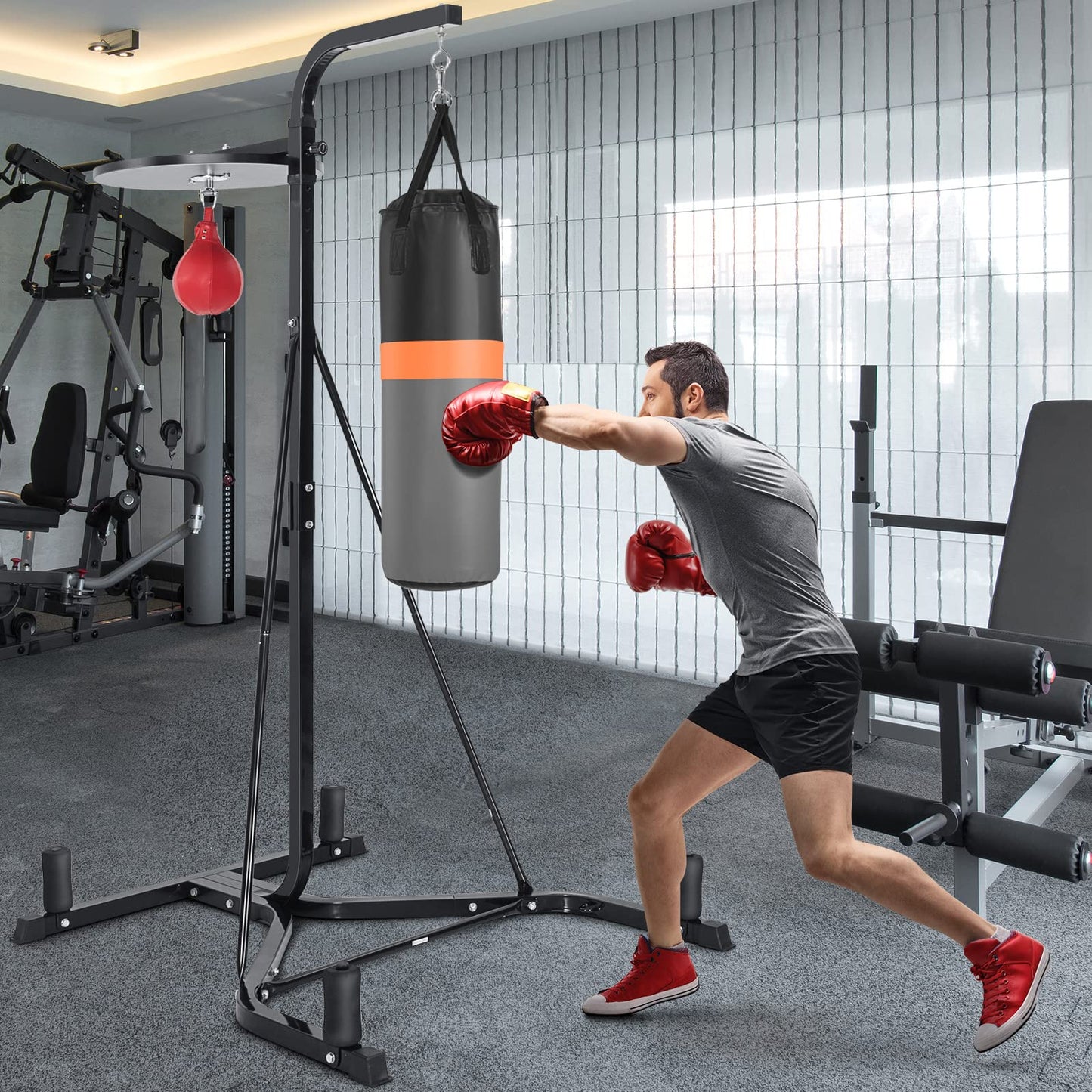 SPORFIT 2-in-1 Punching Bag Stand for Adults, Heavy Bag Stand with Height Adjustable Speed Bag, Weighted Base Hold Up to 220 LBS, Freestanding Boxing Equipment for Home Gym Fitness MMA Training