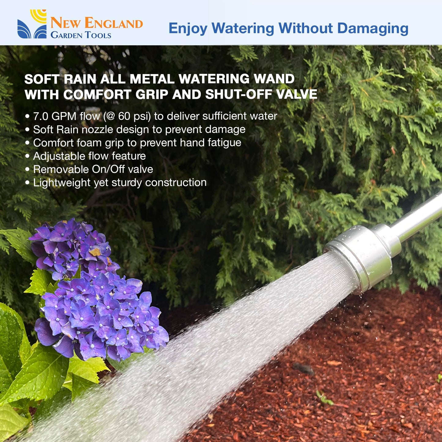 18 Inch Soft Rain Watering Wand 600007, Gentle Shower Spray, Heavy Duty Lightweight Metal Build, Comfort Grip, Flow Control Shut Off Valve, for Plants, Yards, Cars & Pets, by New England Garden Tools