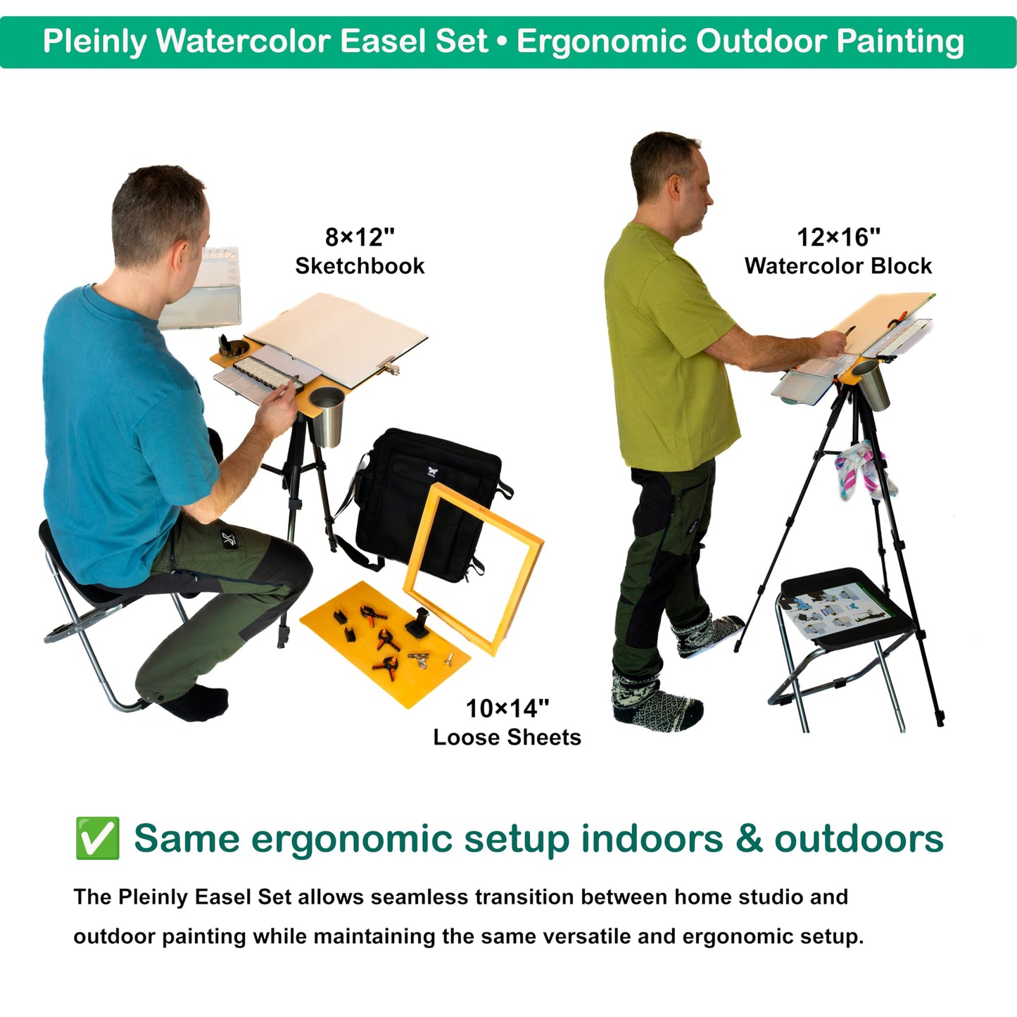 PLEINLY Outdoor Watercolor Easel Set | Portable Plein Air Watercolor Easel System with Studio-Like Ergonomics | Tripod, Wet Panel Carrier & Stool | Sketchbook, Palettes, Cups & Clips