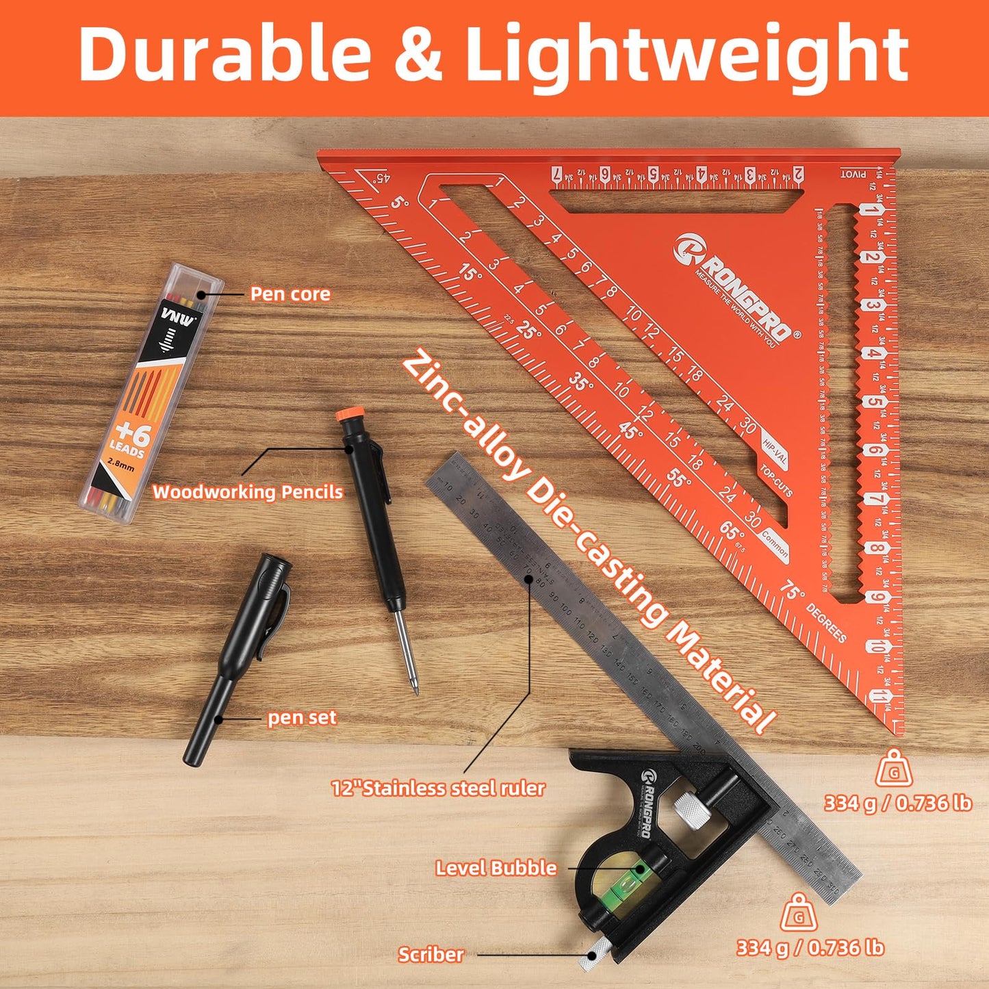 RONGPRO Aluminum Alloy 12in Carpenter Square and 12in Zinc-Alloy Combination Square Set, CNC-Machined with Woodworking Pencil, Carpenter Measuring Layout Tool for Woodworking and Home DIY.