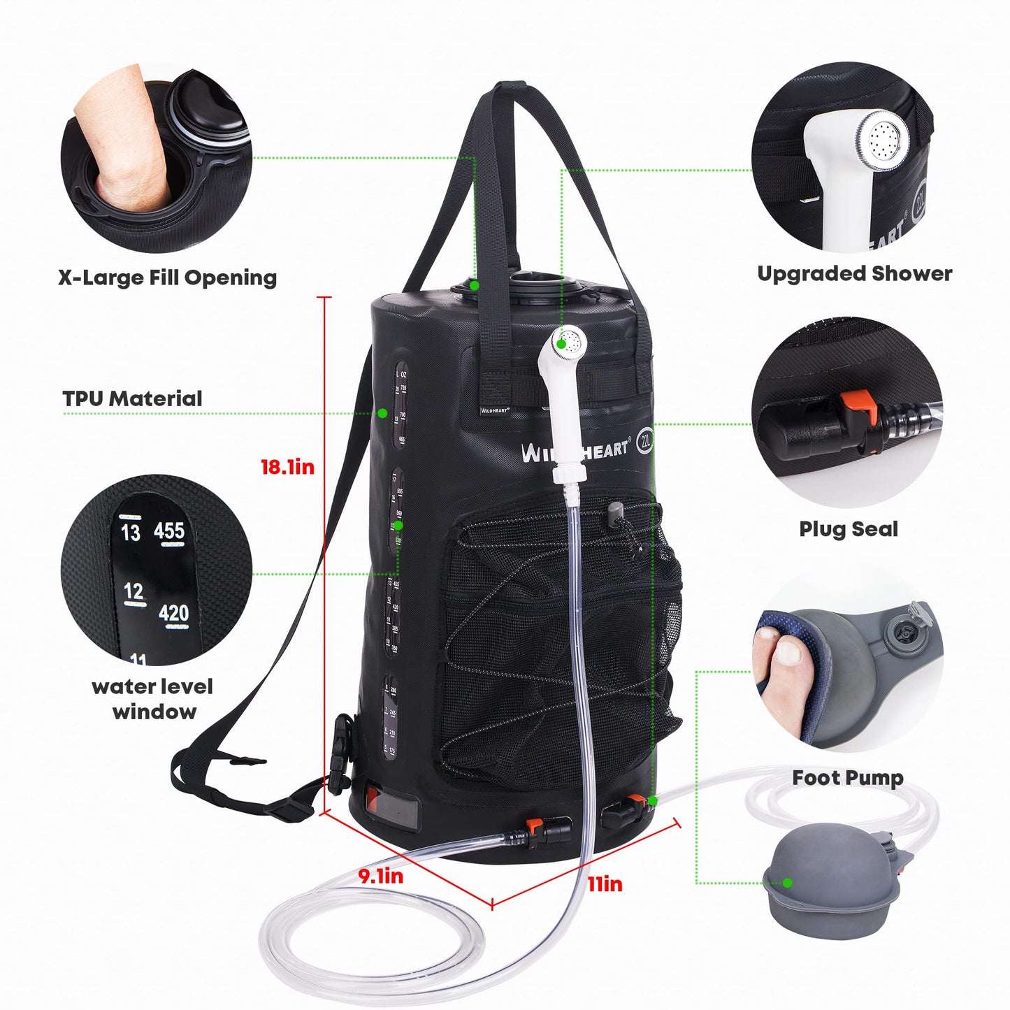 WILD HEART Camping Shower 5.8 Gallons/22L Portable Camp Shower Bag with Upgraded Screw Lid, Water Level Window, Pressure Foot Pump, and Handy Nozzle, Solar Shower for Camping Hiking Trip
