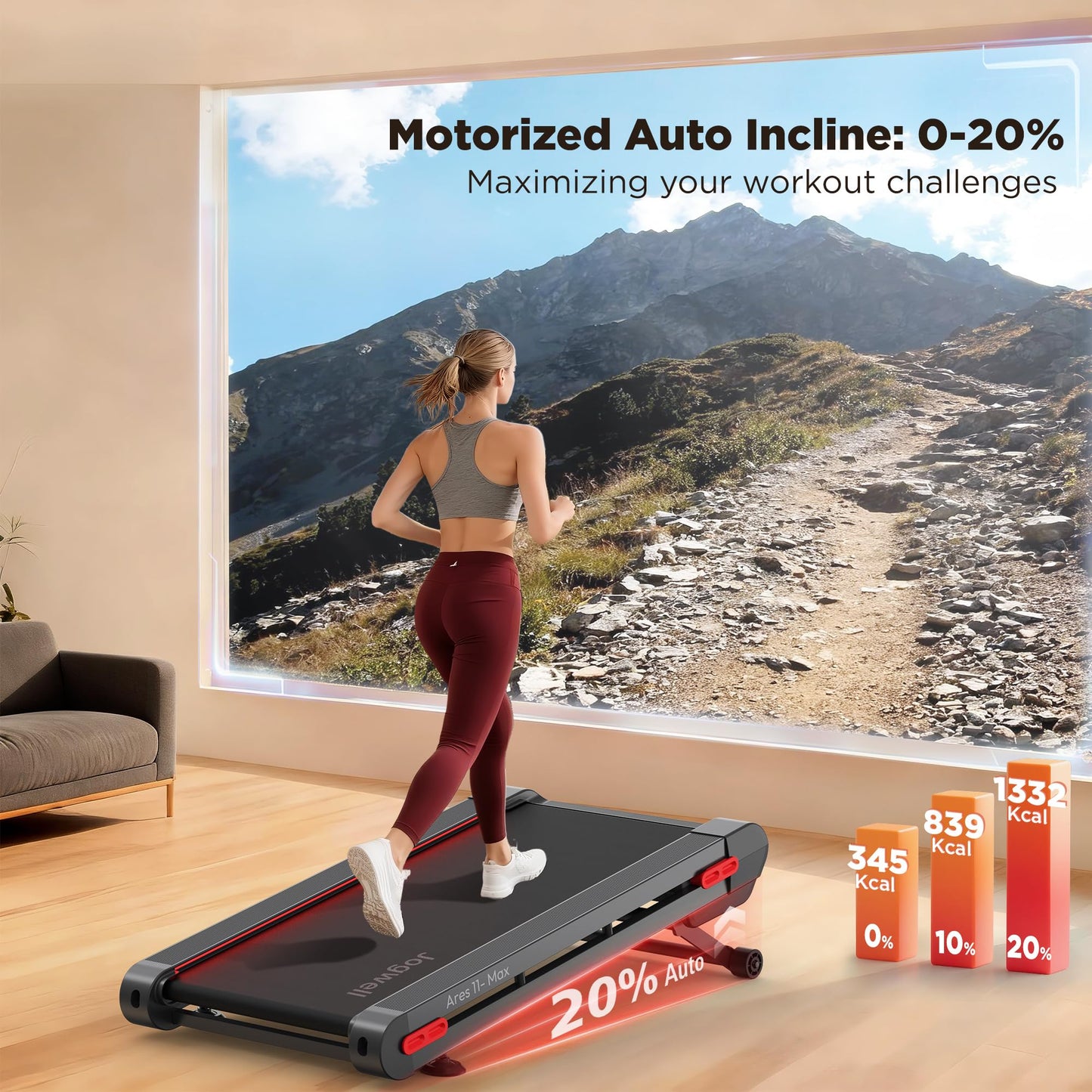 Jogwell Walking Pad Treadmill with 20%/15%/12% Auto Incline, Max 400/350lbs Capacity Treadmills for Home Office Under 35dB, Spacious Running Area, Vertical Storage, 3/3.5HP Brushless, APPJW11