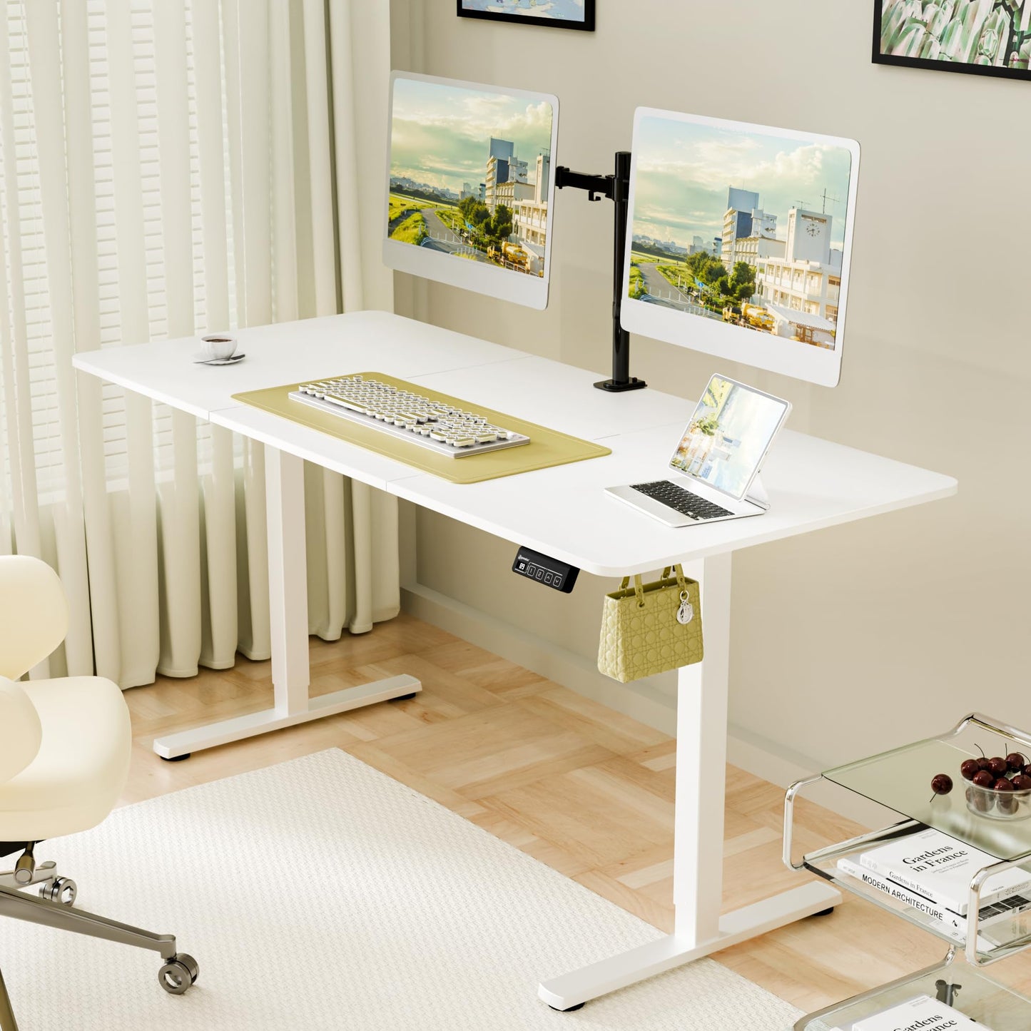 ERGOMAKER 63" Electric Standing Desk, Adjustable Height, Sit Stand Up Desk for Home Office & Computer Workstations, Memory Controller, White