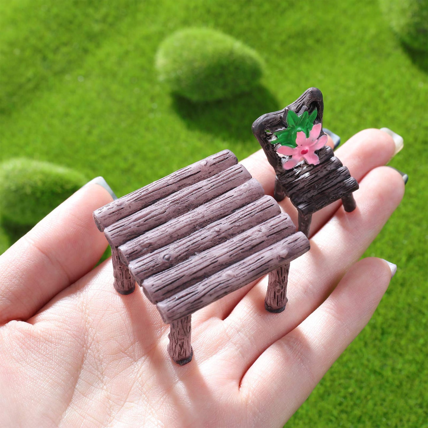 Skylety 12 Pieces Garden Furniture Ornaments Miniature Table and Chairs Set Village Micro Resin Bench Chair for Dollhouse Accessories Home Micro Landscape (Cute Style)