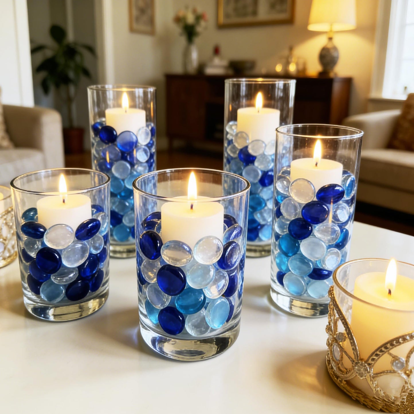 Aflyu About 5 LB Flat Glass Marbles for Vase Glass Gemstone Beads Vase Fillers Aquarium Pebbles Fish Tank Rocks Vase Fillers for Home Decoration (Clear&Blue&Aqua Blue)