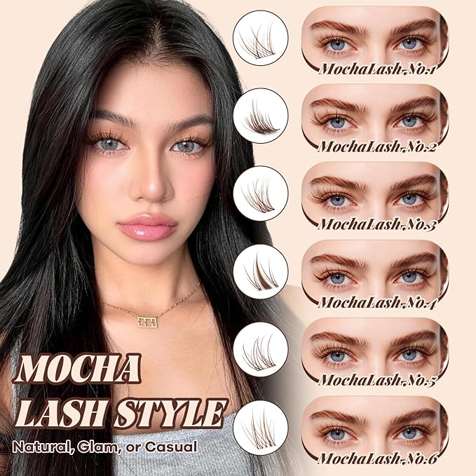 B&Q Brown Lash Clusters Natural Lash Clusters for Light Hair, Reusable MochaLash Cluster Eyelash Extensions Soft Brown False Eyelashes Comfortable Eyelash Clusters Perfect for Occasions(MochaLash 02)