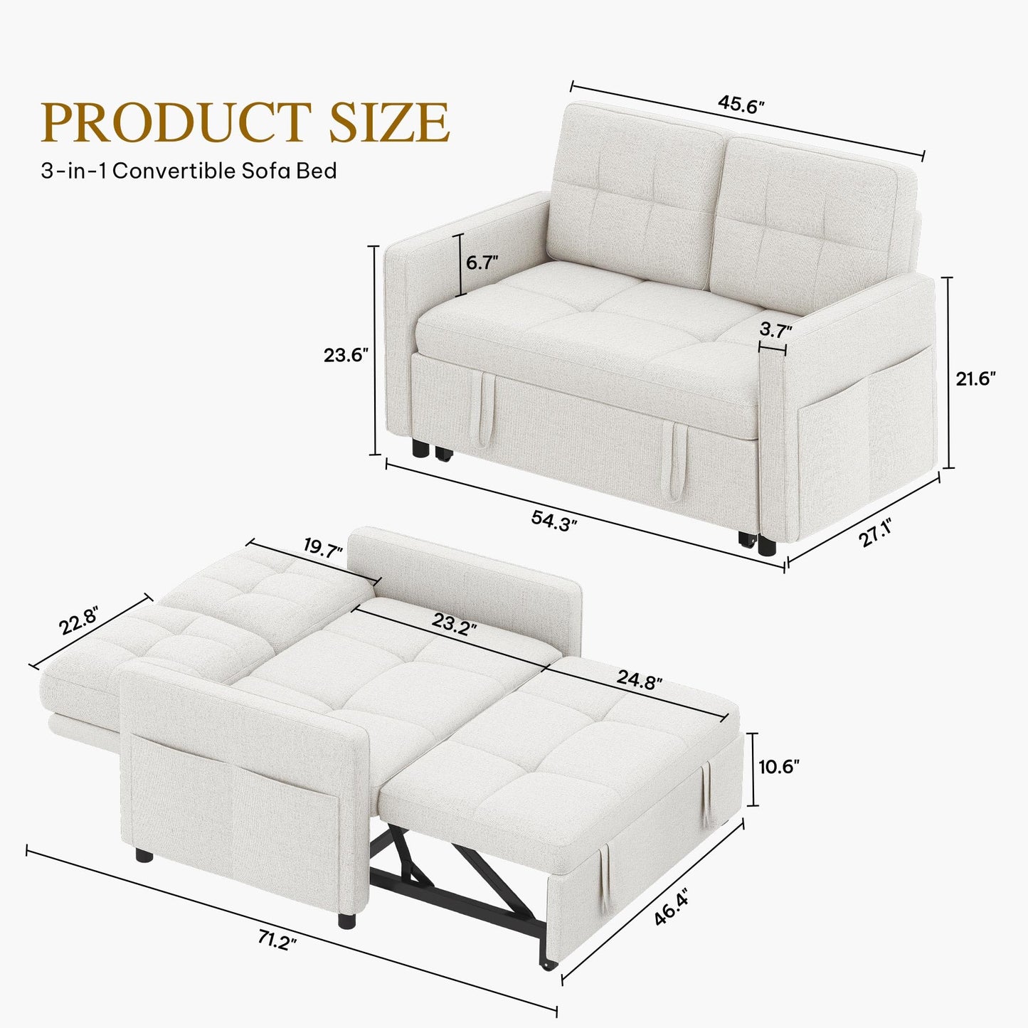 DWVO 55" Convertible Sofa Bed, 3-in-1 Sleeper Sofa with Pull-Out Bed, Linen Futon Couch with Adjustable Backrest and Side Pocket, Modern Loveseat for Living Room Apartment, Light Beige