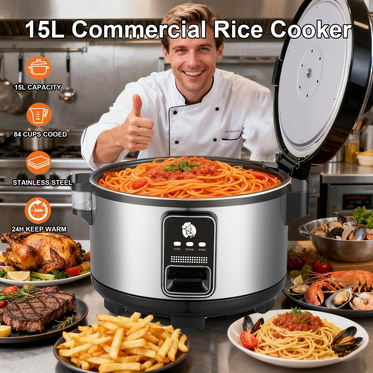 15L Large Capacity Commercial Rice Cooker & Food Warmer 84 cups cooked / 32 cups uncooked Stainless Steel rice Electiric Rice Cooker | One Touch | Automatic Warm with Non-Stick Inner pot