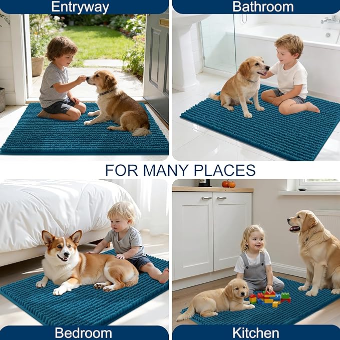 OLANLY Dog Door Mat for Muddy Paws 47x17, Ultra Absorbent Chenille Mud Doormat, Non-Slip Washable and Dirt Trapping Doormat for Indoor Entryway, Quick-Dry Indoor Pet Bed Mats for Dogs, Atlantic Blue