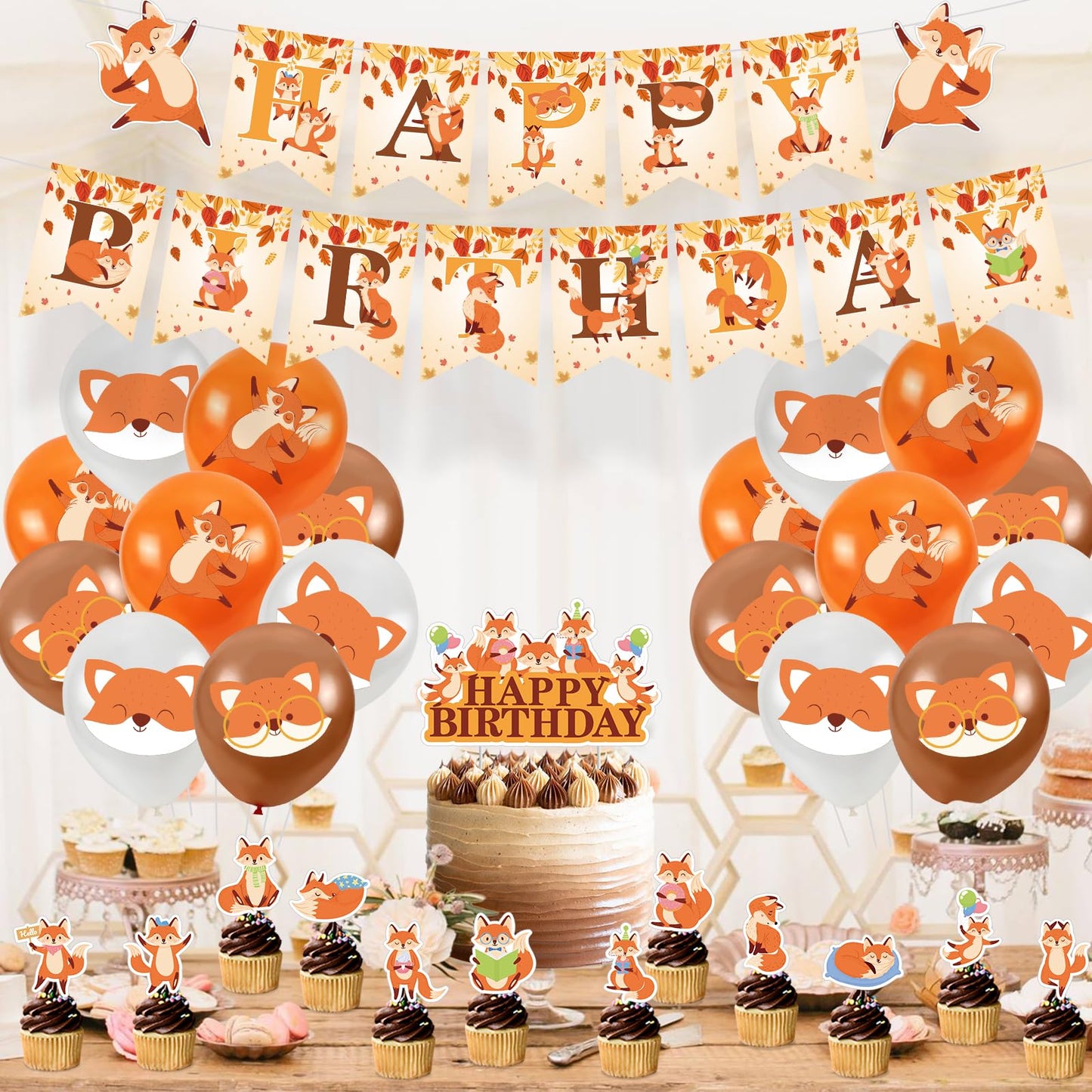 Fox Woodland Animal Birthday Party Supplies - Forest Animal Theme Decorations Kit With Cupcake Toppers, Balloons