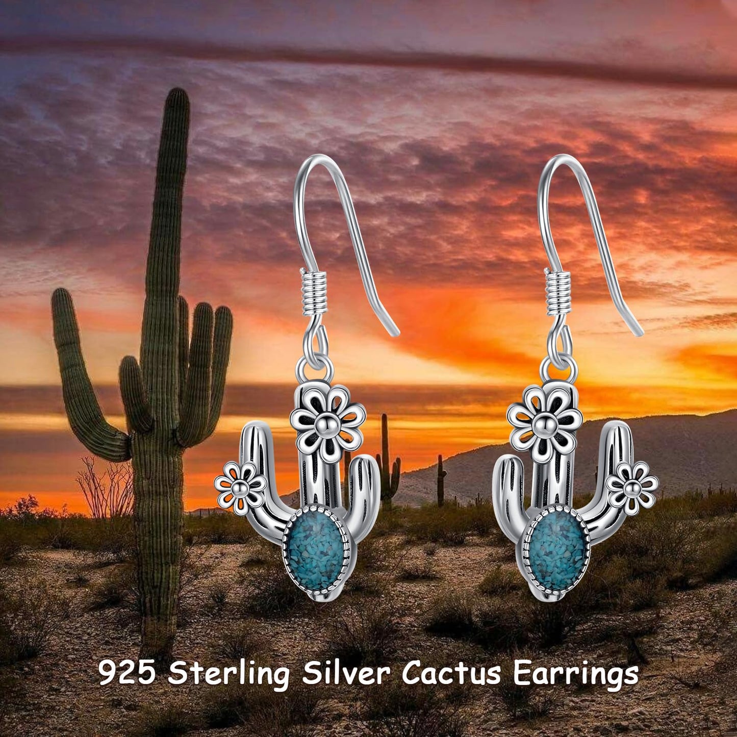 KoyeKei Cactus Earrings for Women 925 Sterling Silver Turquoise Cactus Dangle Drop Earrings Western Country Jewelry Gifts for Plant Lovers