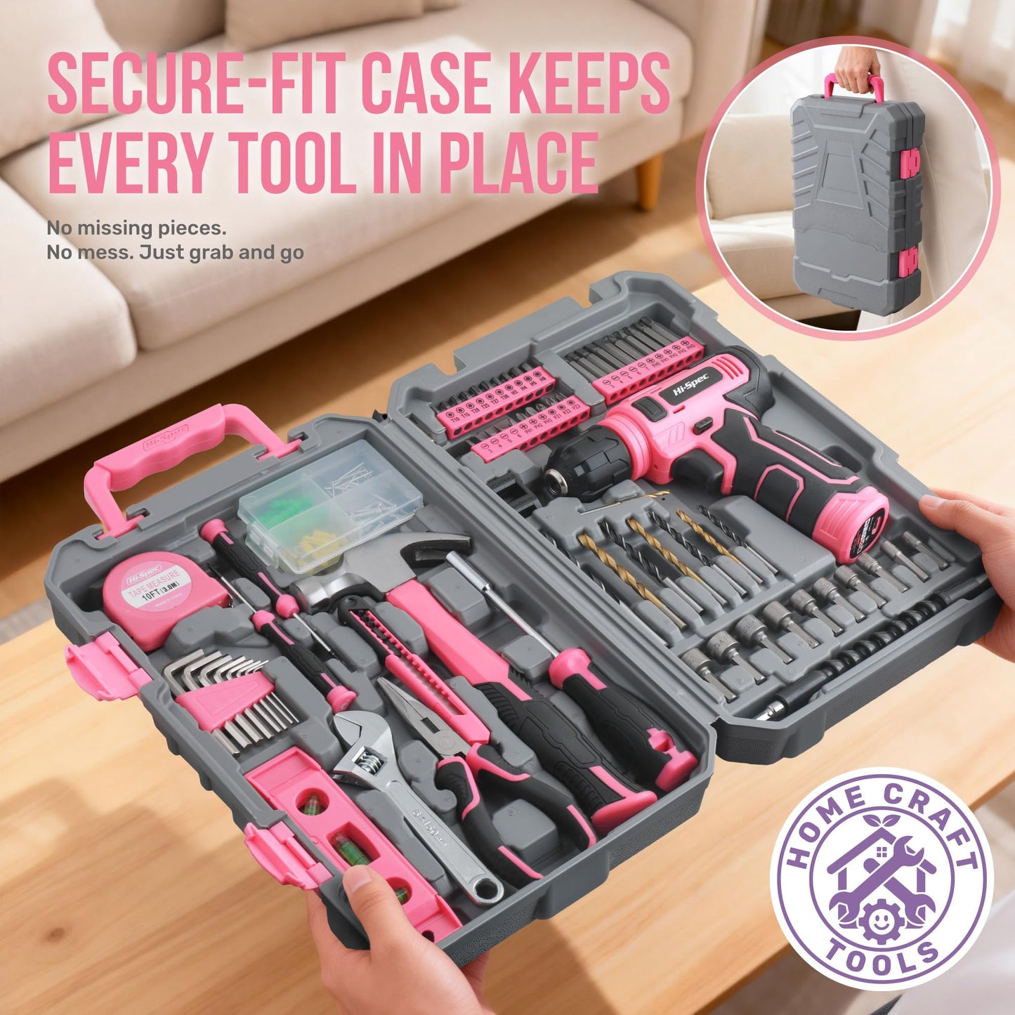 Hi-Spec Pink Tool Set with 8V Drill Set. Complete Cordless & Rechargeable USB Electric Drill Driver Kit for Women, Home DIY Repair & Maintenance, in a Compact Toolbox.