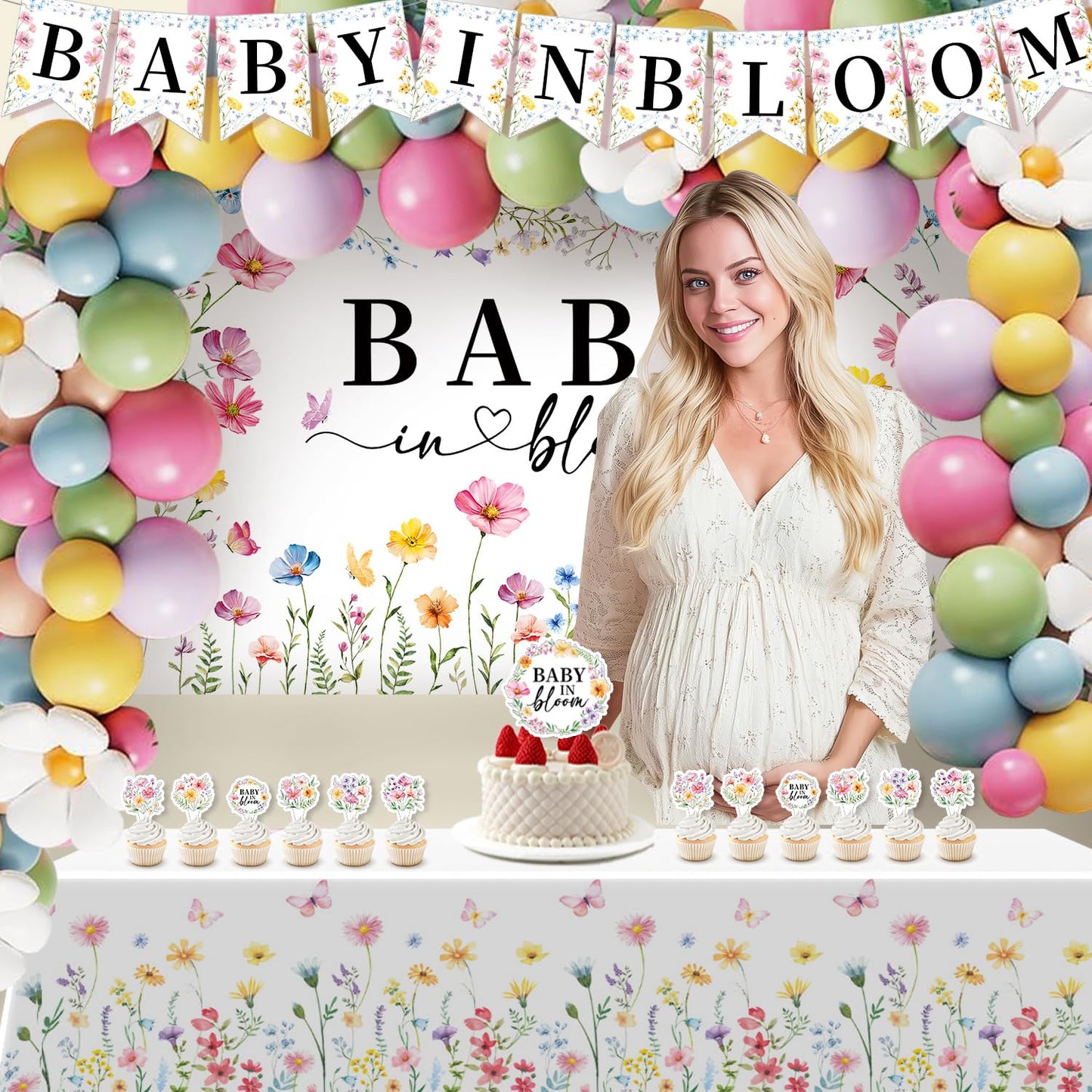 Baby in Bloom Baby Shower Decorations for Girl - 92pcs Balloons Garland Kit, Baby in Bloom Banner, Backdrop, Floral Tablecloth, Daisy Balloons, Cake and Cupcake Toppers