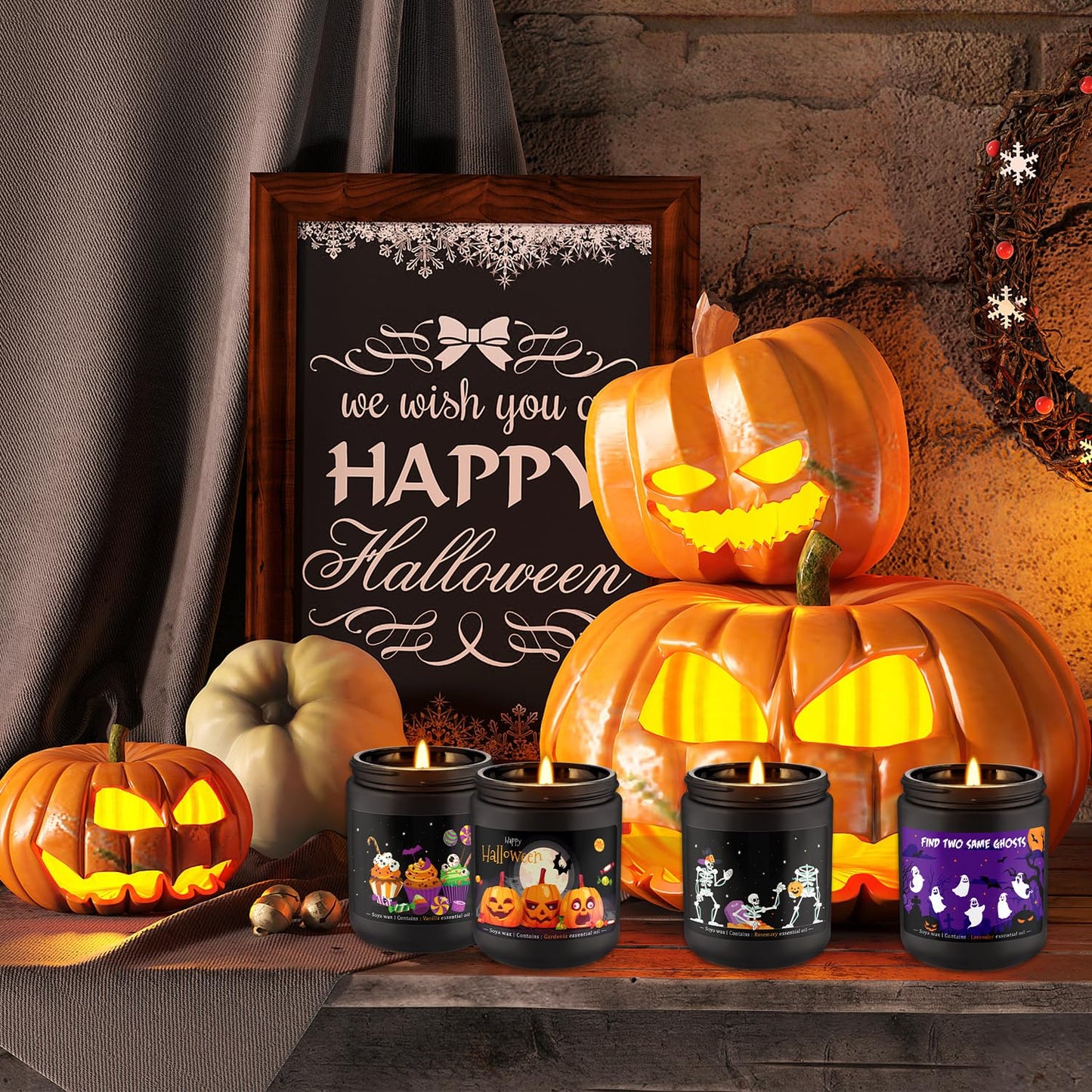 Wfmolcand Halloween Scented Candles Set, 4 Pack (7oz Each) Soy Wax Candles with Pumpkin, Ghost, Skeleton Designs, Perfect for Halloween Decor, Gifts and Aromatherapy.