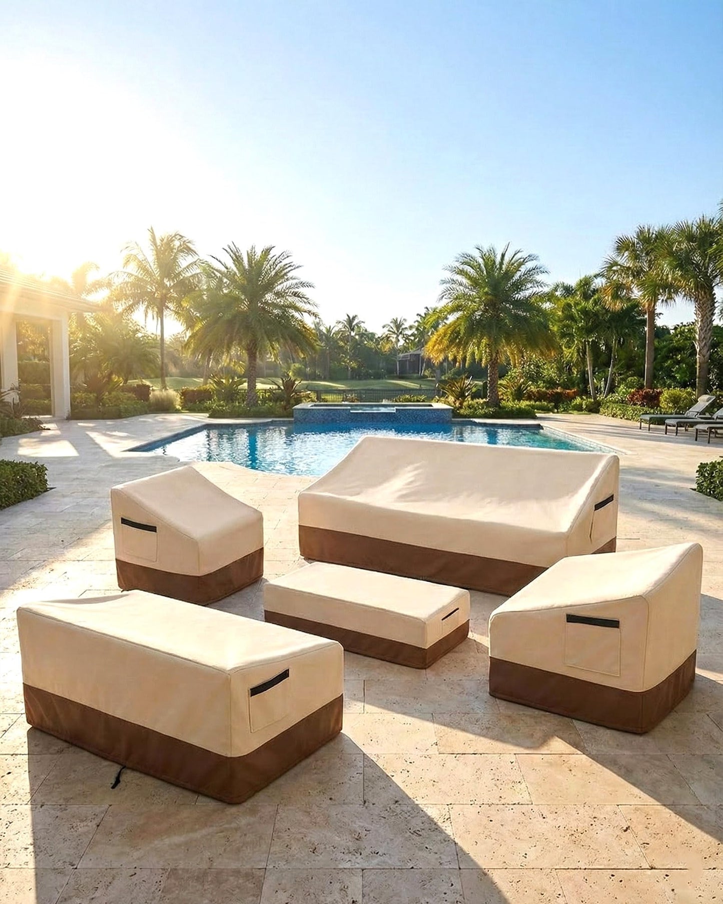 Waterproof Patio Chair Covers, Heavy Duty 600D Lawn Outdoor Furniture Covers for Swivel, Lounge, Rocking & Adirondack Chairs, All-Weather UV & Fade Resistant, 28W x 32D x 36H in, 2-Pack Beige & Brown