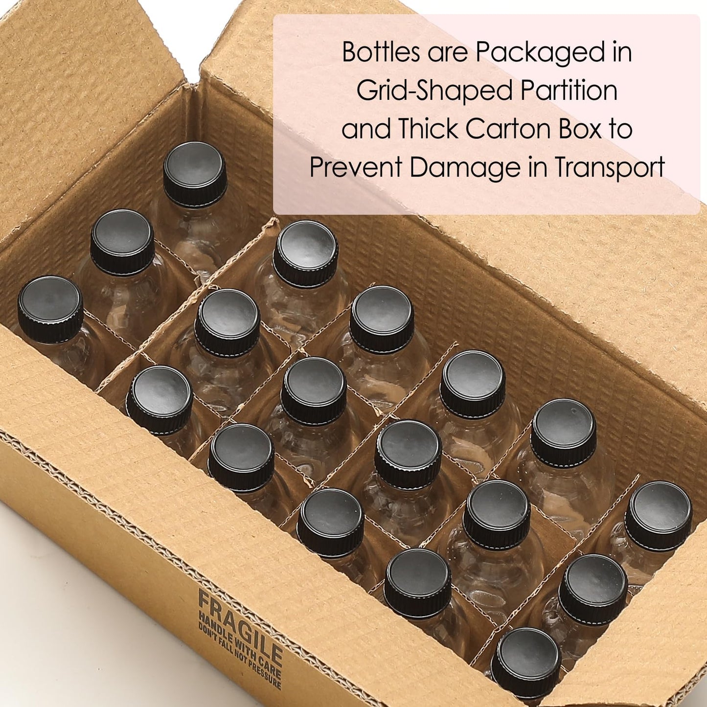 18 Pack, 2 oz Small Clear Glass Bottles w/ Lid & 4 Stainless Steel Funnels - 60ml Boston Sample Bottles - Mini Travel Essential or Decorative Bottles for Potion, Juice, Wellness, Ginger Shots, Whiskey