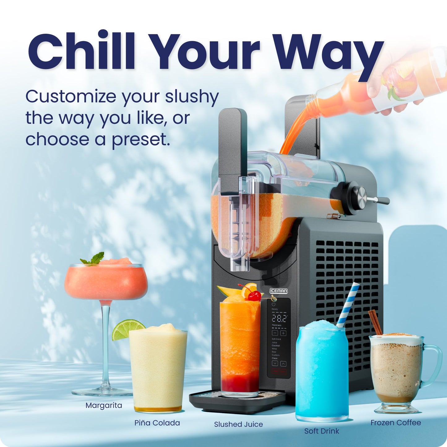 Iceman by Chefman Slush-Ease 68oz Slushie Machine, 48oz Liquid Capacity Frozen Drink Maker & Slushy Machine with 5 Presets and LED Display, Perfect for Frozen Margaritas, Frappes, Smoothies & Shakes