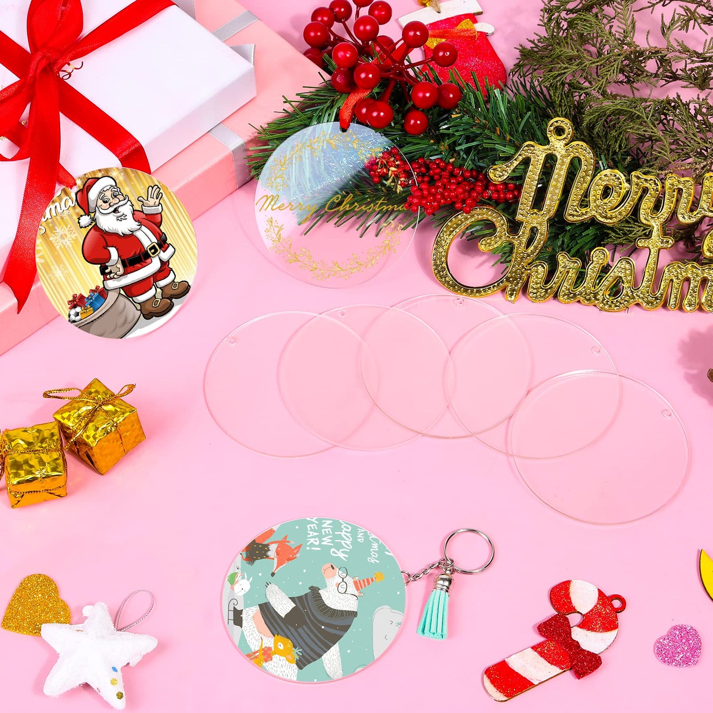Cludoo 3.5 Inch Acrylic Ornaments Blanks, 30pcs Clear Round Acrylic Ornament Blanks, Acrylic Circle Disc Ornament Blanks with Hole for Vinyl, Christmas Decor, Engraving, Painting, and DIY Crafting