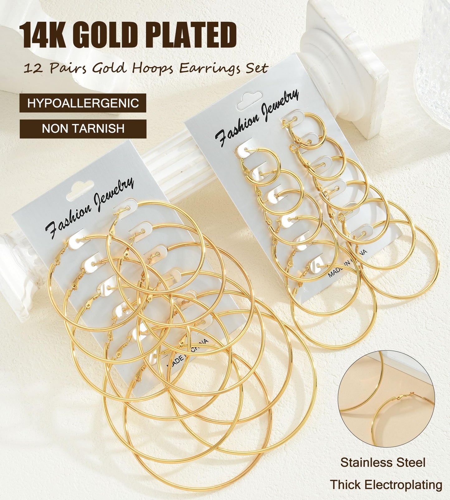 Gold Hoop Earrings Set for Women, 18 Pairs Hypoallergenic Statement Open Pearl Hoops Earring for Multipack, Gold Chunky Hoop Earrings for Women Trendy Jewelry