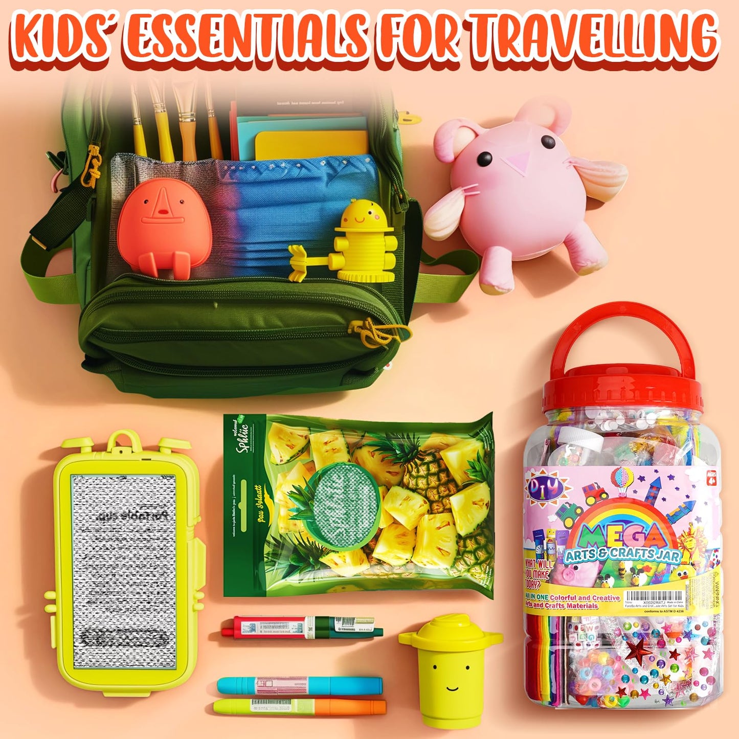 FUNZBO Arts and Crafts Supplies for Kids -Toddlers Craft Kit with Glitter Glue Stick, Pipe Cleaners, Popsicle Sticks, Pompoms & Stickers, Homeschool Supplies, Toys Crafts for Girls Age 4+