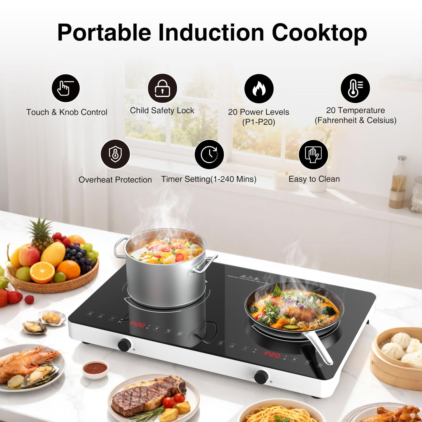 Double Induction Cooktop, 2 Burner Induction Burner 20 Temperature & Power Levels Portable Electric Stove Countertop Burners, Knob Control, Child Safety Lock & 4H Timer, Auto Shut-Off