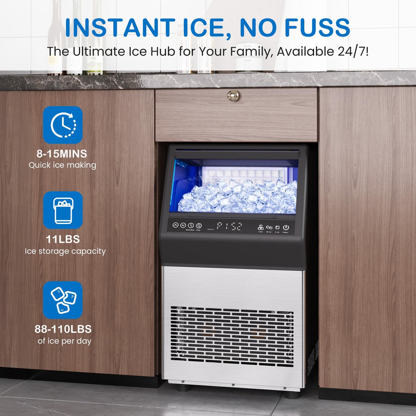 Commercial Ice Maker Machine, 110Lbs/24H Stainless Steel Undercounter Freestanding Ice Maker with 12Lbs Storage Capacity, Self-Cleaning, LED Digital Display, 45 Ice Cubes 8Mins, Home/Bar/Restaurant