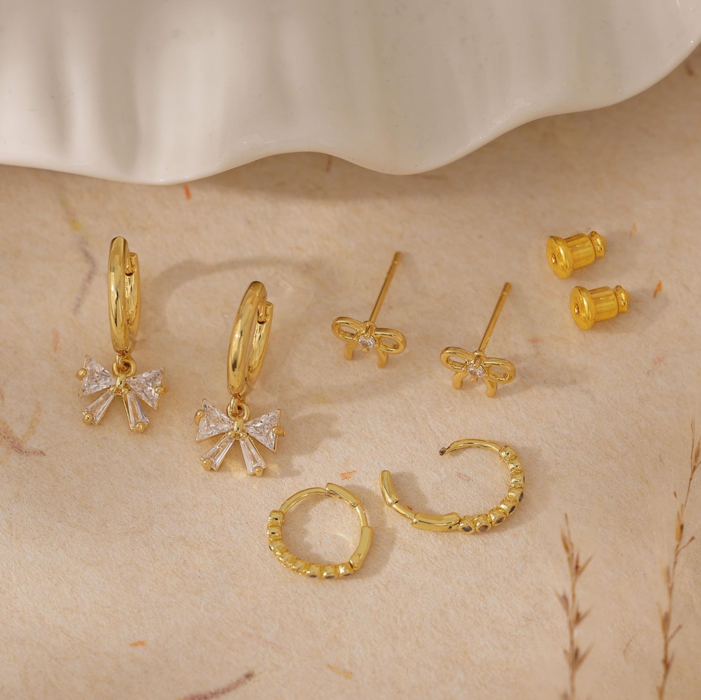 SELFROSE Bow Earrings Stack for Women,Dainty 14k Gold Plated Bow Drop Earrings for Women Trendy Cute Unique Gold Earring Stacks Simple Hoop Huggie Earring Set Fashion Womens Jewelry