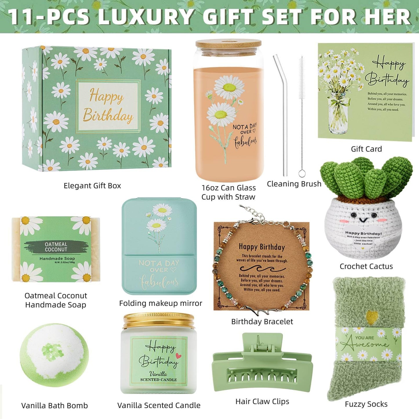 Uongeod Birthday Gifts for Women,Happy Birthday Gifts for Women 11PCS Birthday Basket for Women Green Best Friend Birthday Gifts Baskets for Women Mon Wife Daughter Aunt Sister Coworkers