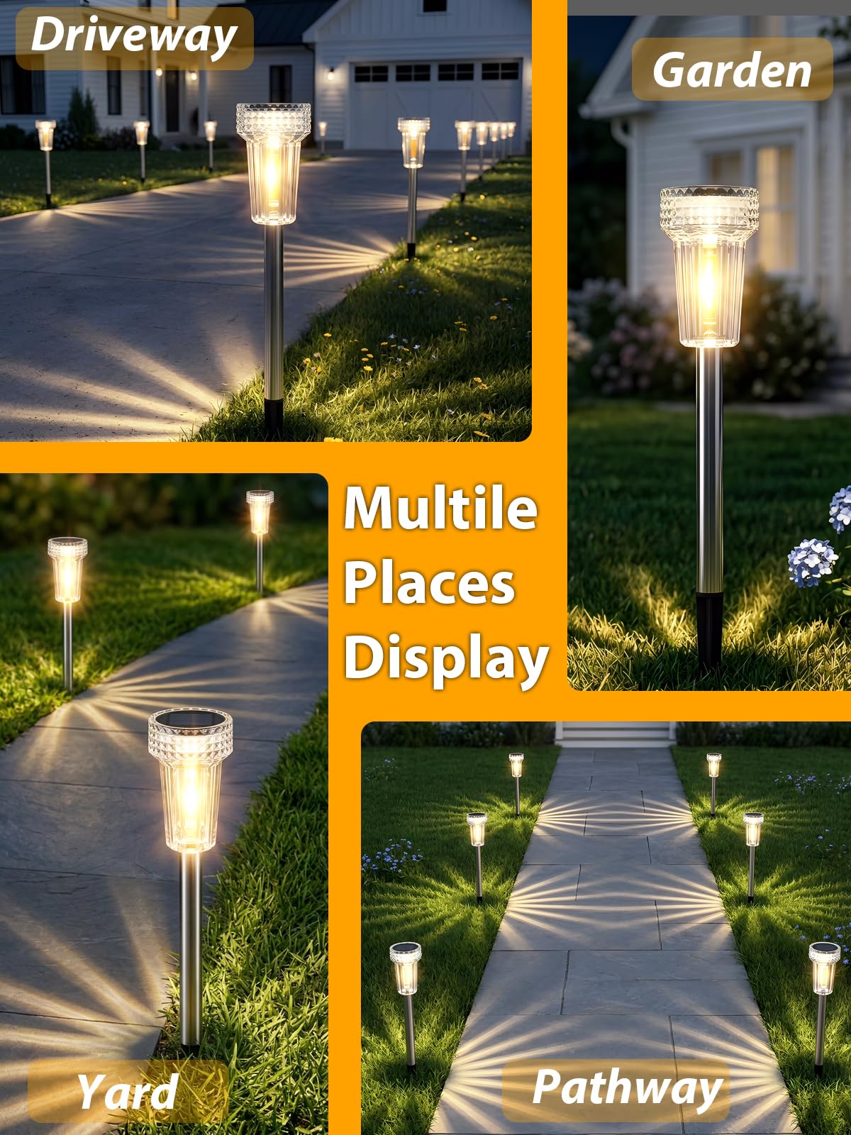 DERAYSION 12 Pack Solar Pathway Lights Outdoor, Auto Dusk-to-Dawn Landscape Garden Lighting, Waterproof Stainless Steel Pole Lighting for Path, Yard, Walkway, Garden, Driveway Decor - Warm White