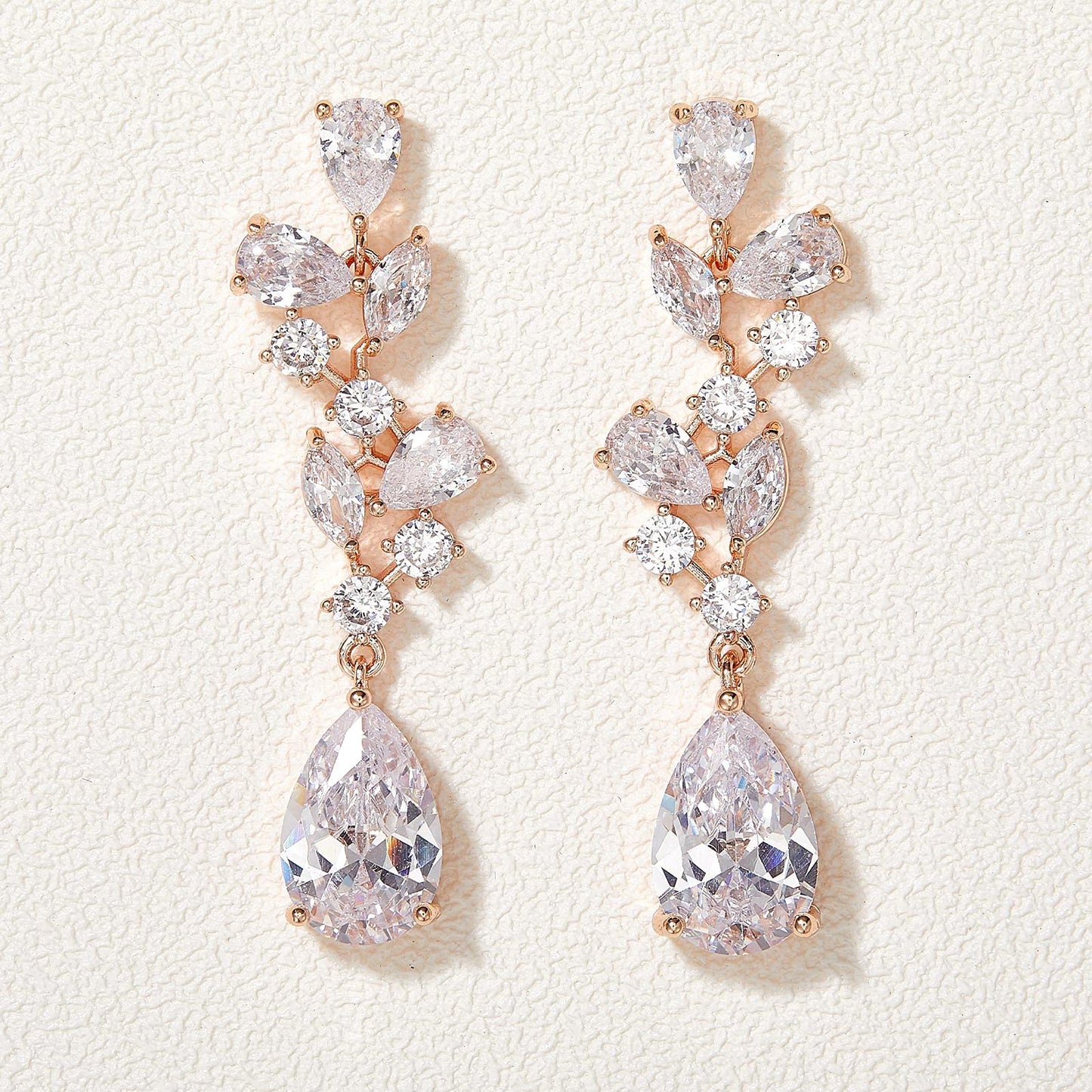 SWEEETV Bridal Wedding Earrings for Brides Bridesmaides-Marquise Teardrop Earrings for Women, Cubic Zirconia Drop and Dangle Earrings for Prom or Pageant,Jewelry, Rose Gold