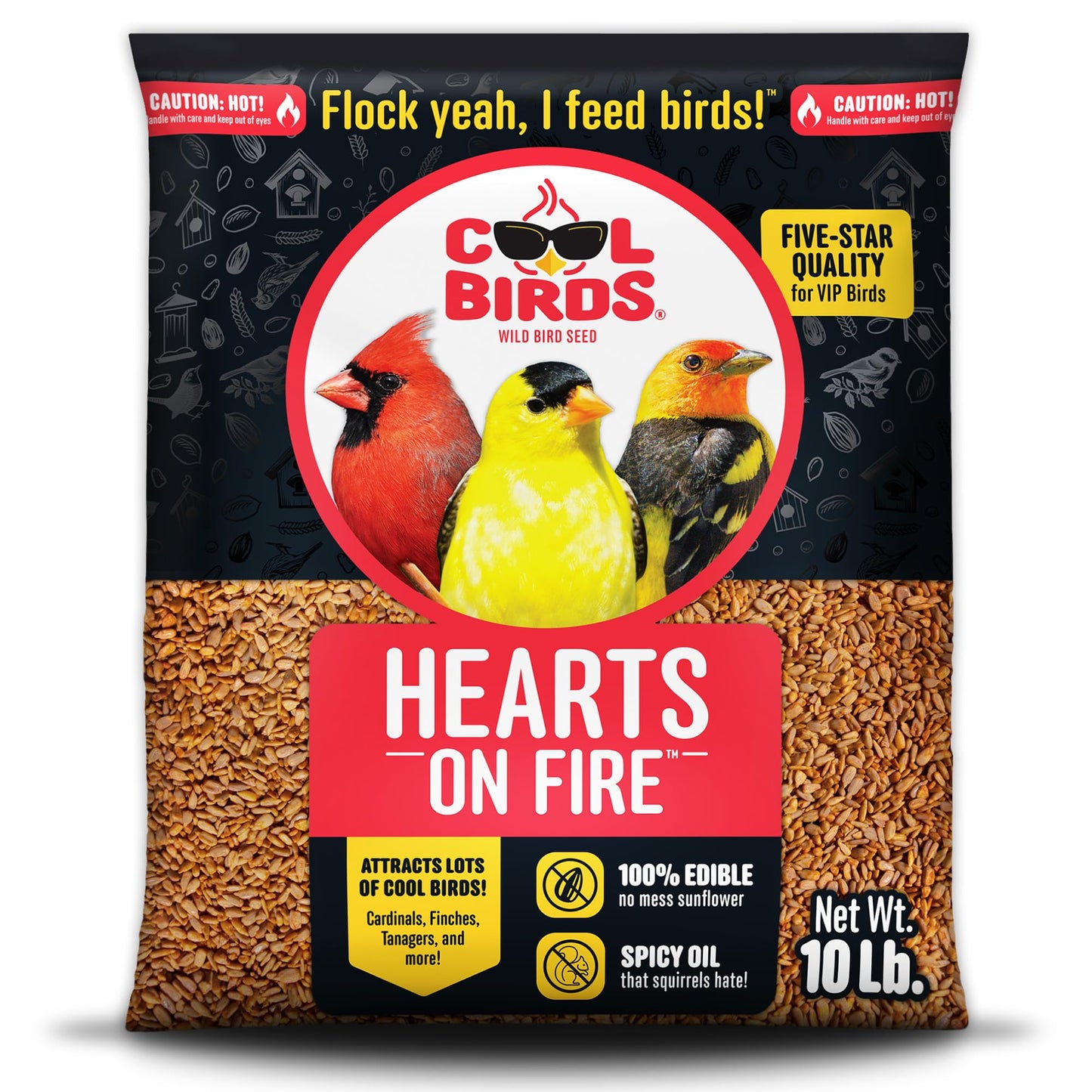 Cool Birds Hearts on Fire Hot Bird Seed â 10 lb. 100% Hulled Sunflower Hearts with Chili Pepper Oil â No Waste Bird Seed for Outside Feeders