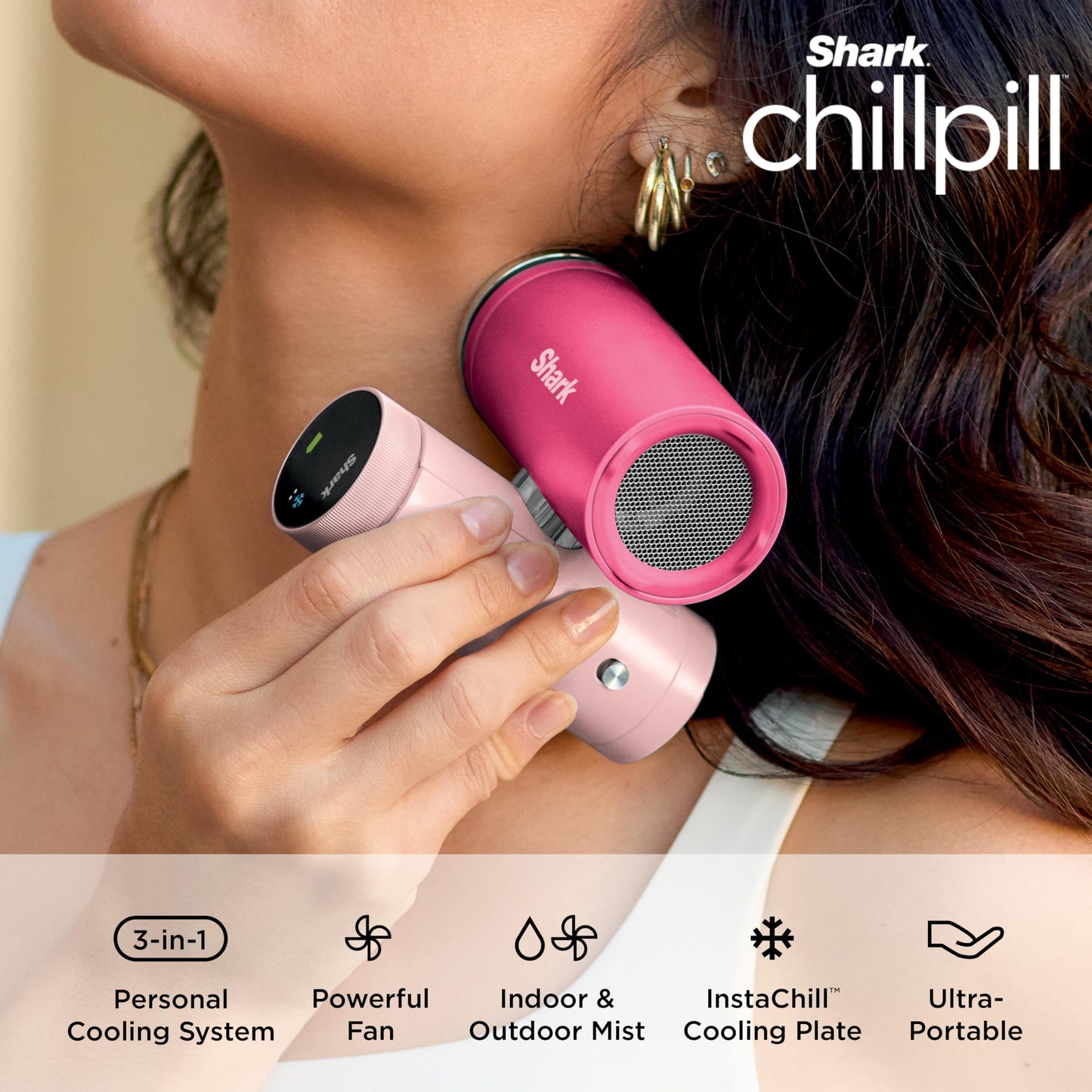 NEW Shark ChillPill — The Only 3-in-1 Personal Cooling System with InstaChill Cooling Plate, Dry-Touch Mist, & Powerful Fan, Handheld, Wearable, Rechargeable Battery, 10 Speeds, Dragon Fruit, FA022PK