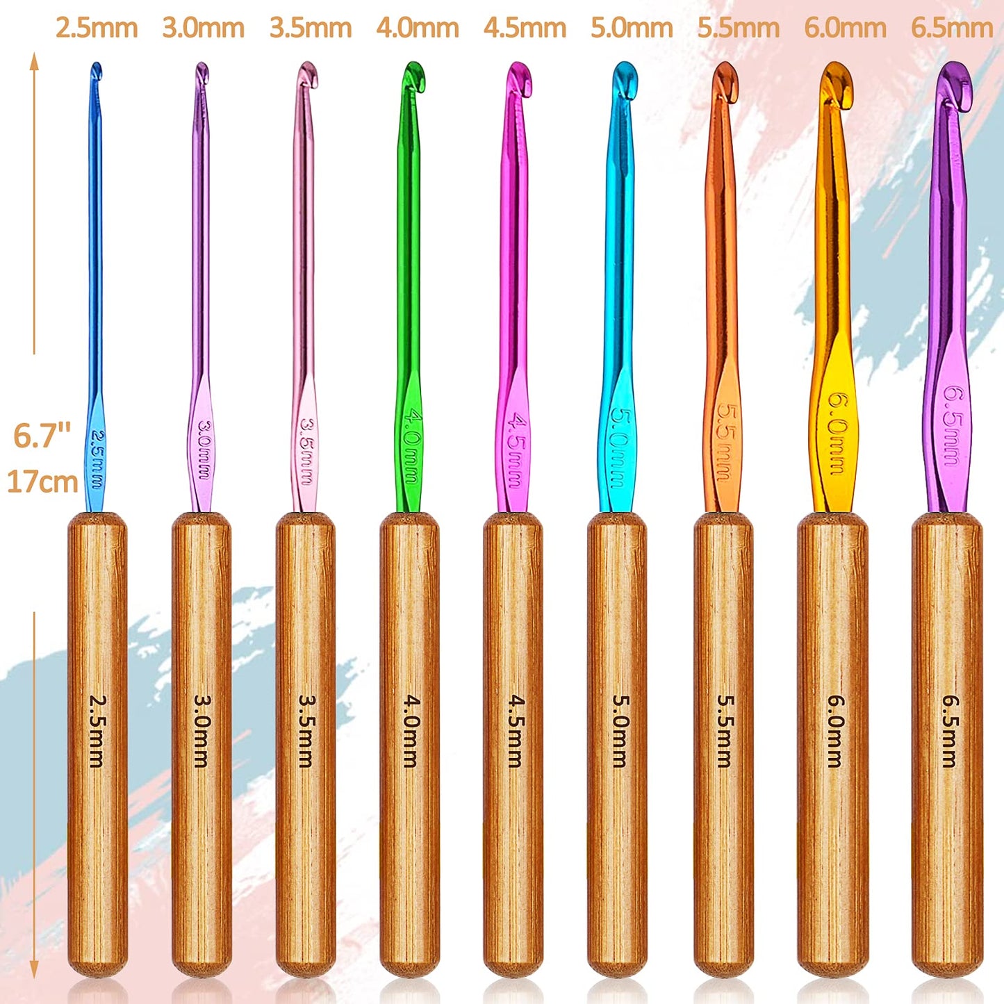 Coopay Bamboo Crochet Hooks Comfort Grip, 6.7" Crochet Kit Longer Aluminum Shaft Crochet Needles for Crocheting, Ergonomic Knitting Hooks Set for Crochet Yarn Craft, Premium Knitting Crochet Supplies