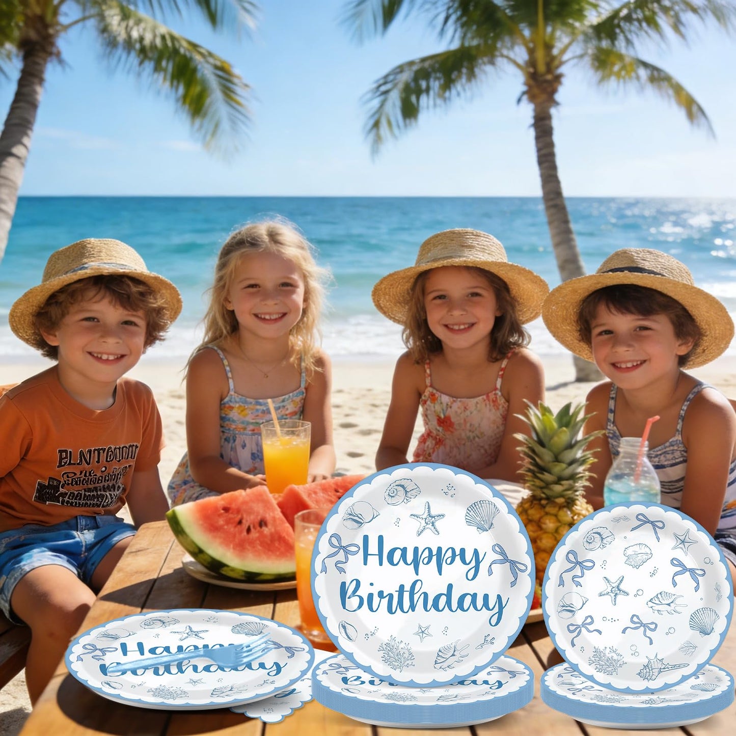 96PCS Coastal Beach Birthday Plates and Napkins Blue Bow Seashell Birthday Party Supplies Disposable Ocean Seashell Bow Tableware Set for Summer Beach Wedding Bachelorette Baby Shower Serves 24 Guests
