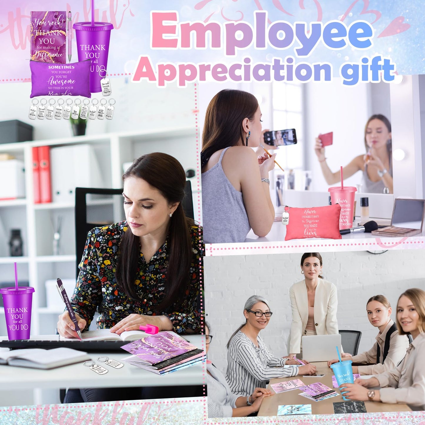 Funnymoom 50 Pcs Employee Appreciation Gift for Women 24 oz Thank You Plastic Tumbler with Inspirational Notepads Ballpoint Pens Makeup Bag Keychain Professional Gifts for Coworker Holiday